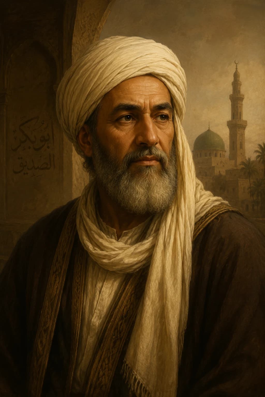 Portrait-style illustration of Abu Bakr in a white turban and early Islamic setting