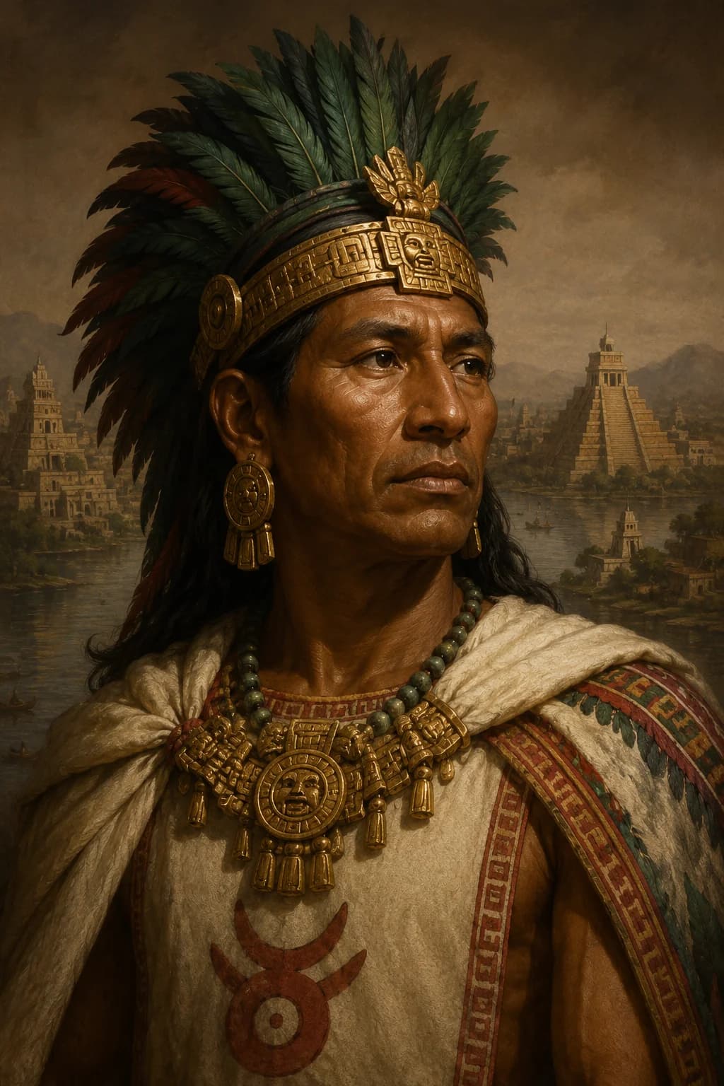 AI-generated portrait of Acamapichtli in Mexica royal attire with feathered headdress