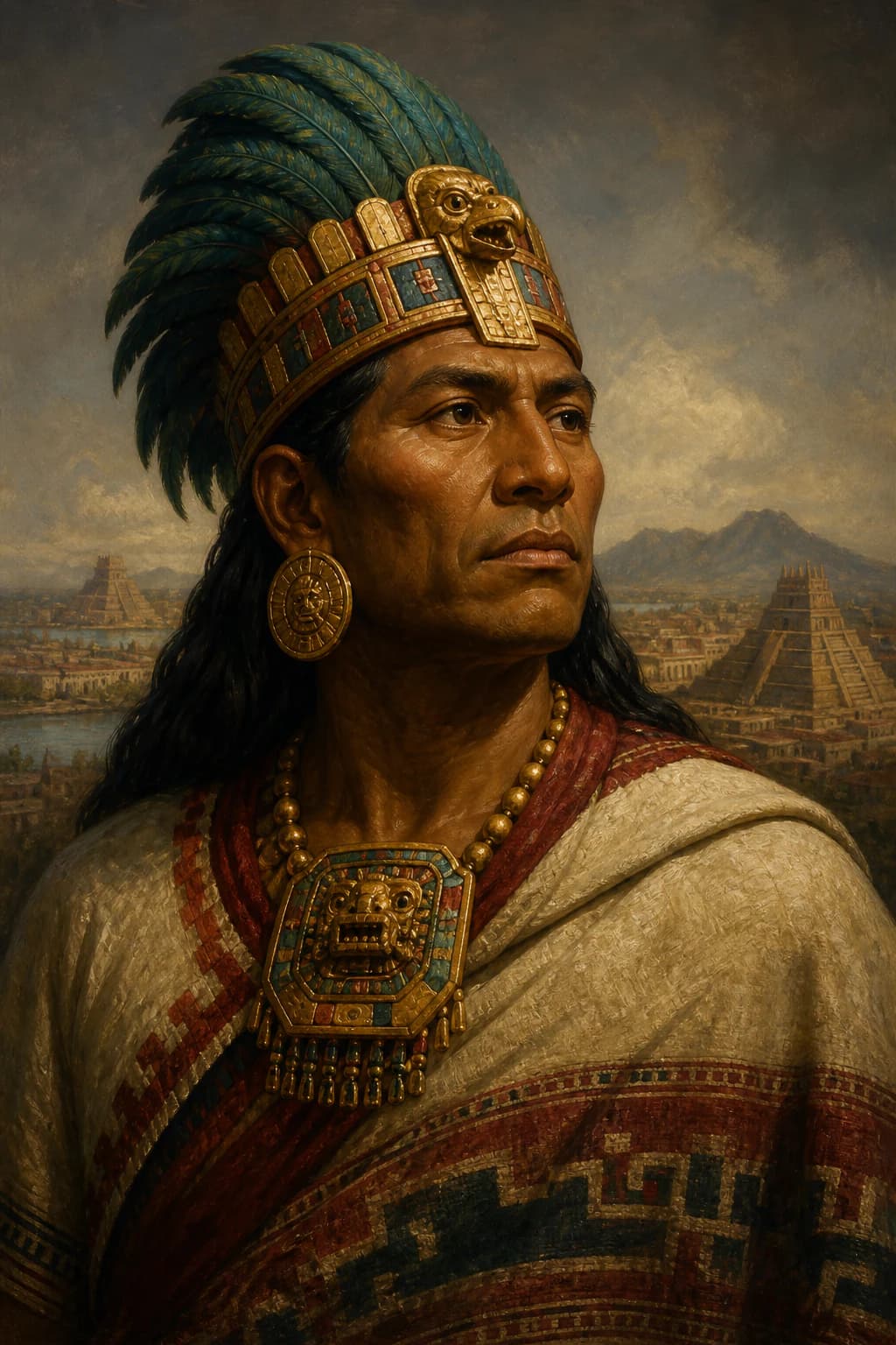 AI-generated portrait of Ahuitzotl in a feathered royal headdress overlooking Tenochtitlan