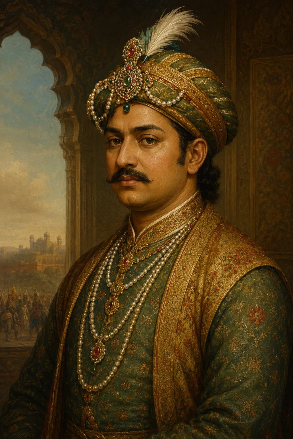 AI-generated portrait of Akbar in Mughal imperial dress