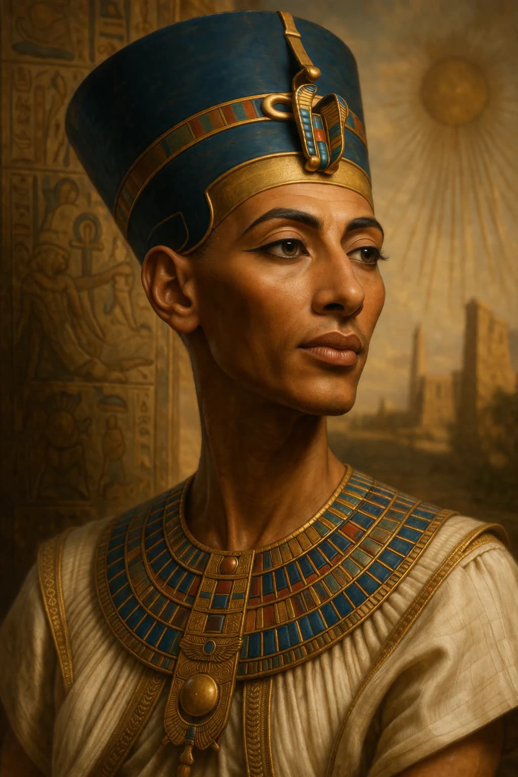 AI-generated portrait of Akhenaten in ancient Egyptian royal attire