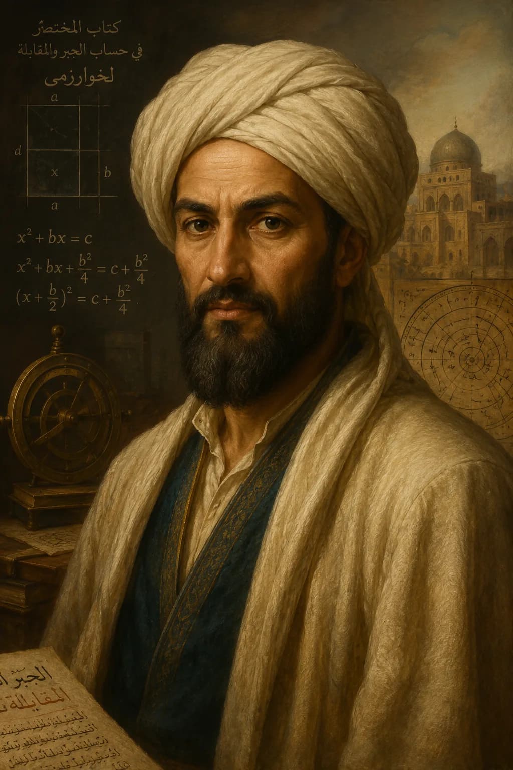 AI-generated portrait of al-Khwarizmi with algebraic diagrams, astronomical instruments and manuscripts
