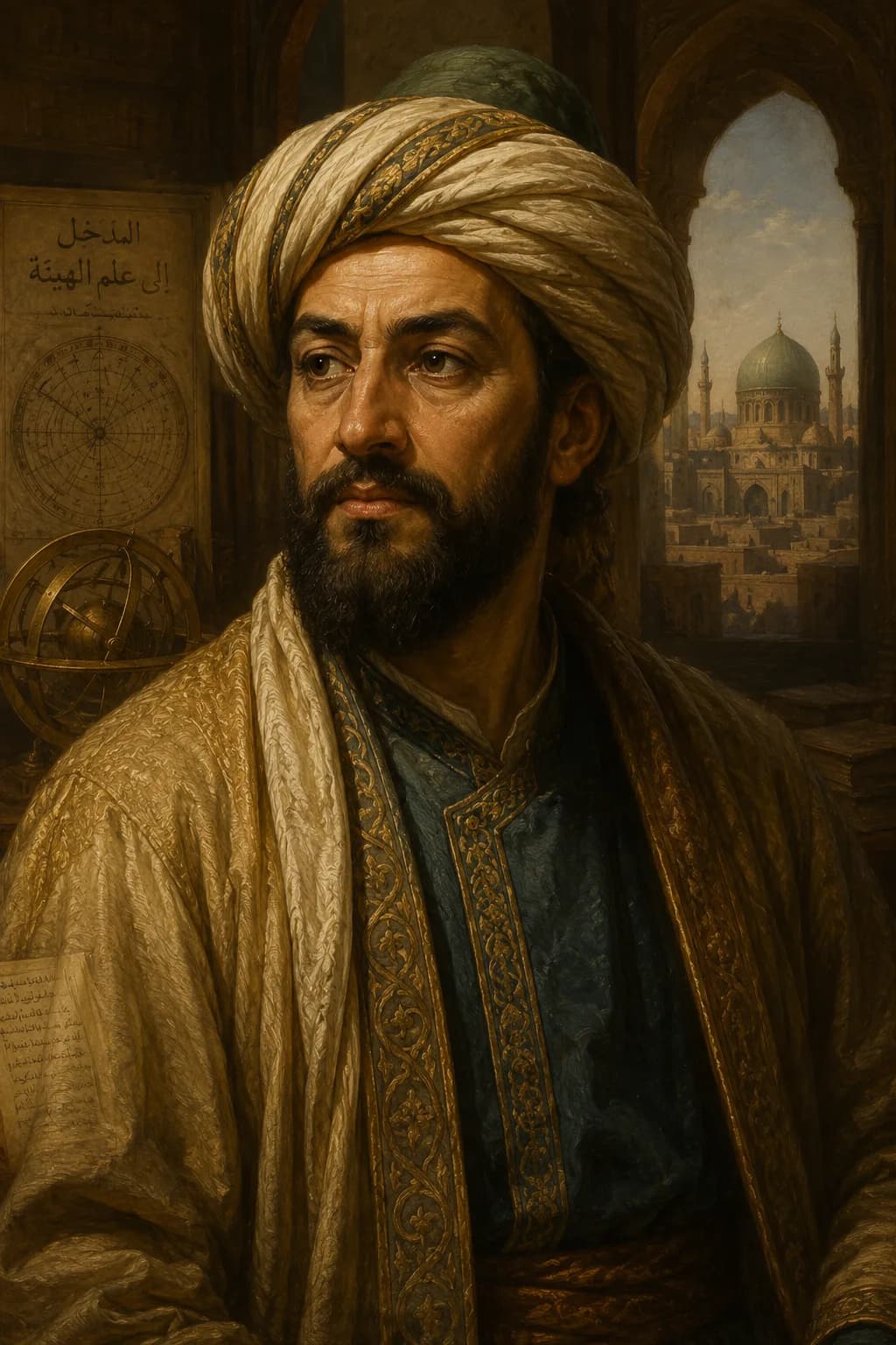 AI-generated portrait of al-Ma'mun in Abbasid robes with astronomical instruments and Baghdad beyond an arch