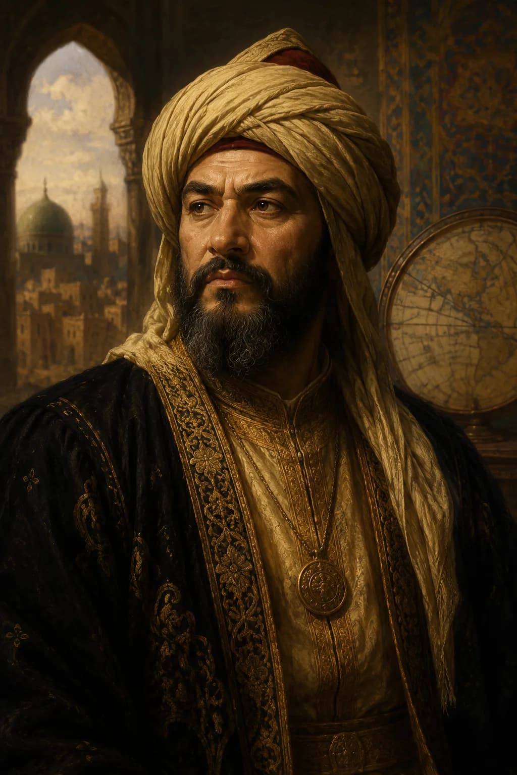 Portrait of al-Mansur in Abbasid court dress with Baghdad in the background
