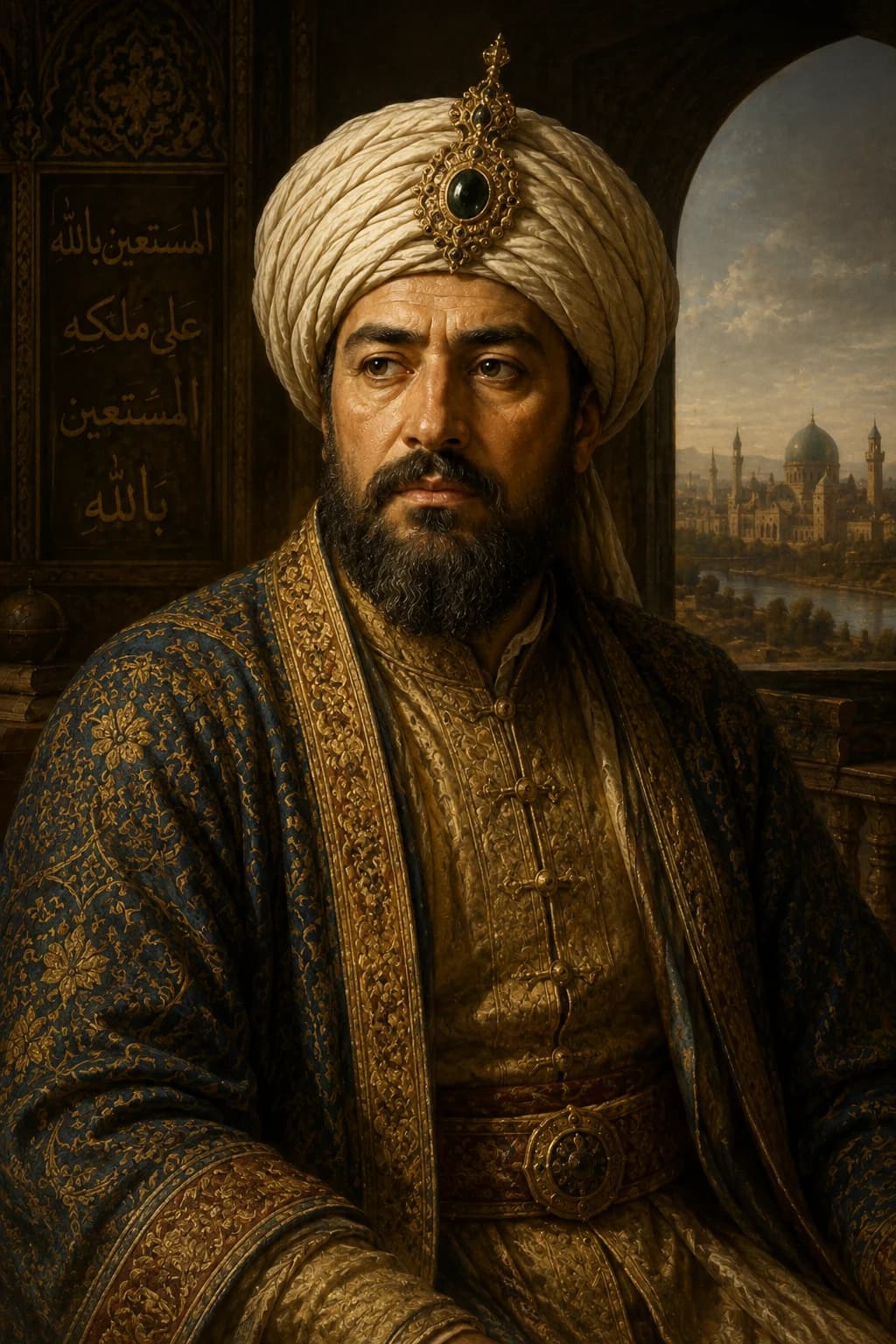 AI-generated portrait of al-Musta'sim in Abbasid robes with Baghdad seen through an arch