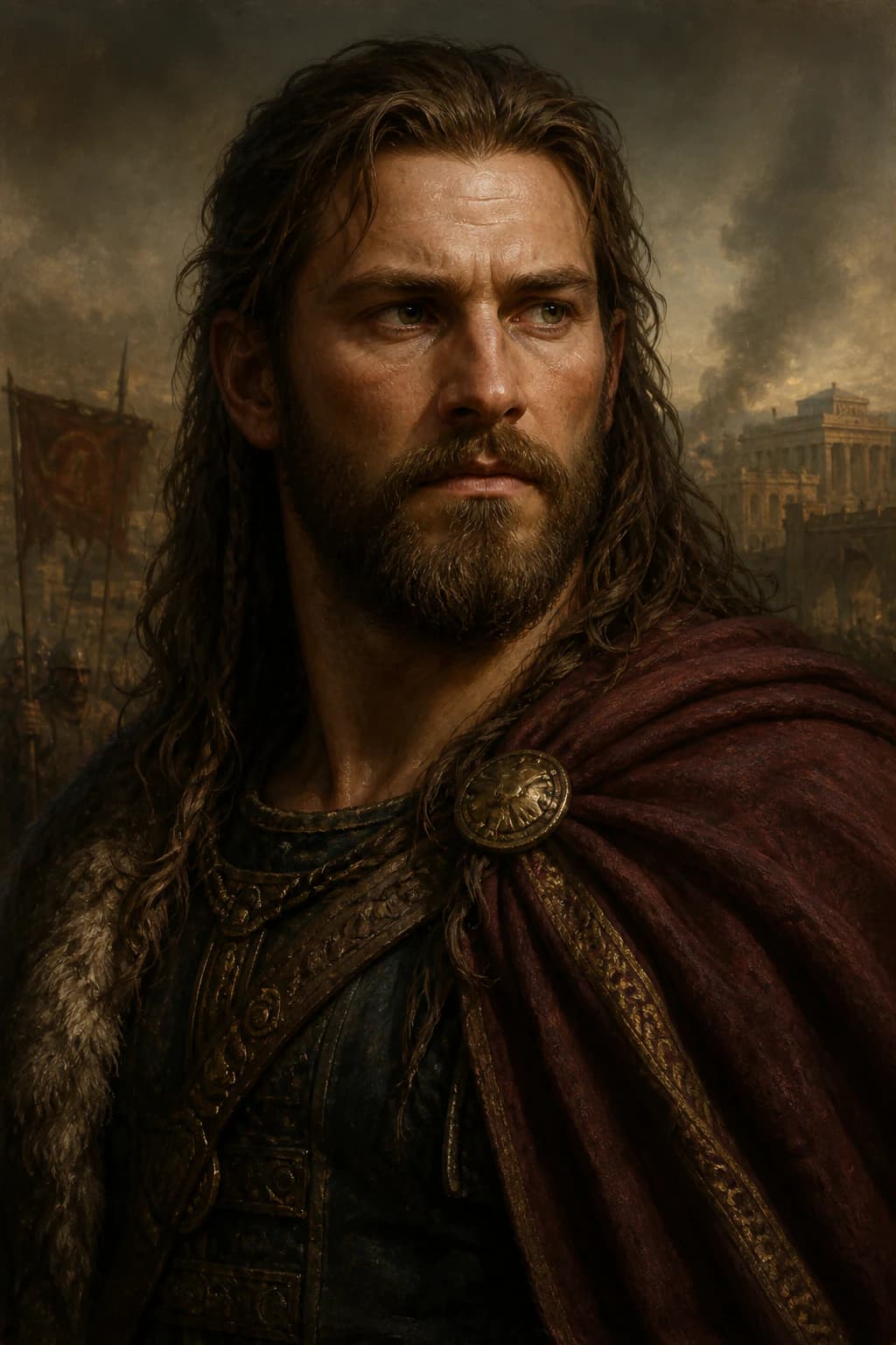 Portrait of Alaric in martial dress before a late Roman city under smoke