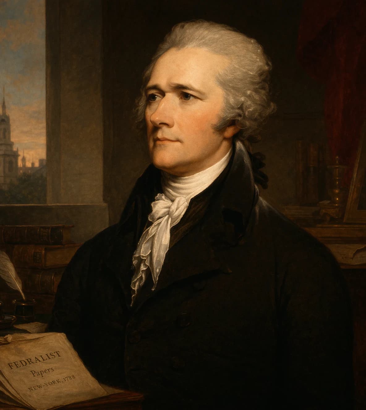 AI-generated portrait of Alexander Hamilton in formal colonial attire