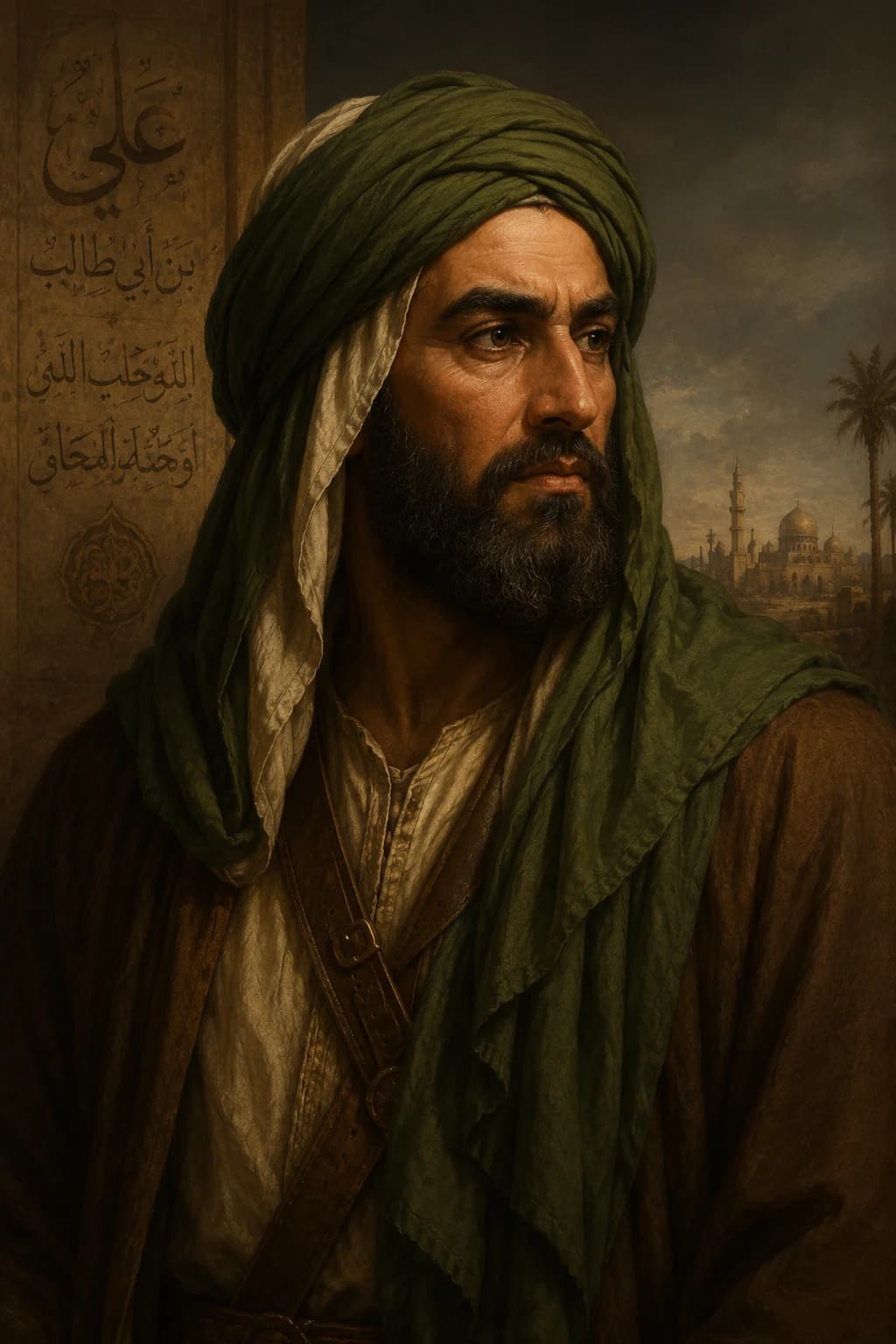 Portrait-style illustration of Ali ibn Abi Talib in a green turban and early Islamic setting