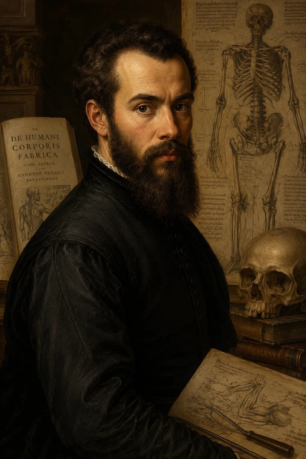 AI-generated portrait of Andreas Vesalius with anatomical drawings, books, and a skull