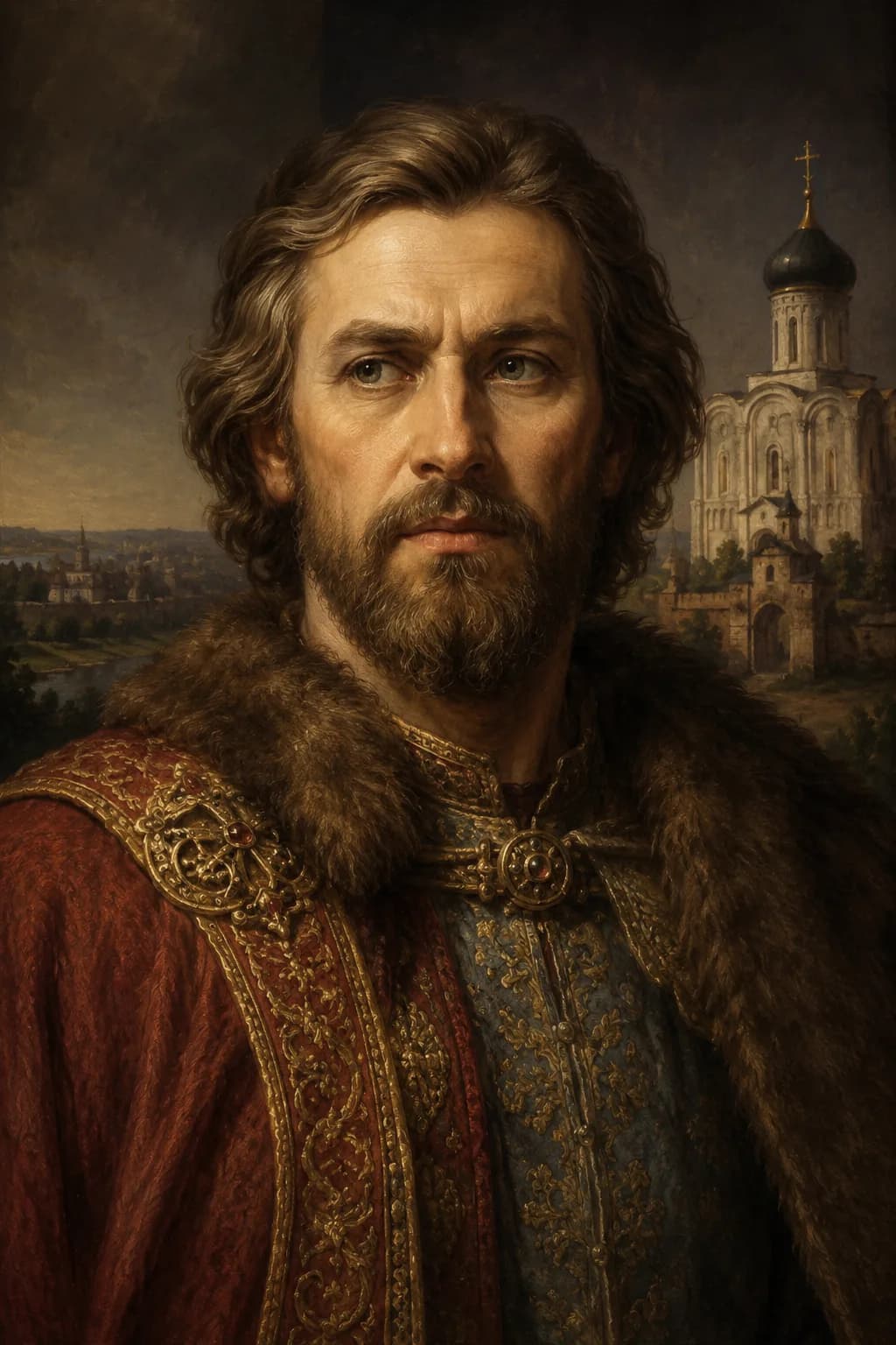 AI-generated portrait of Andrei Bogolyubsky in princely robes with a church behind him