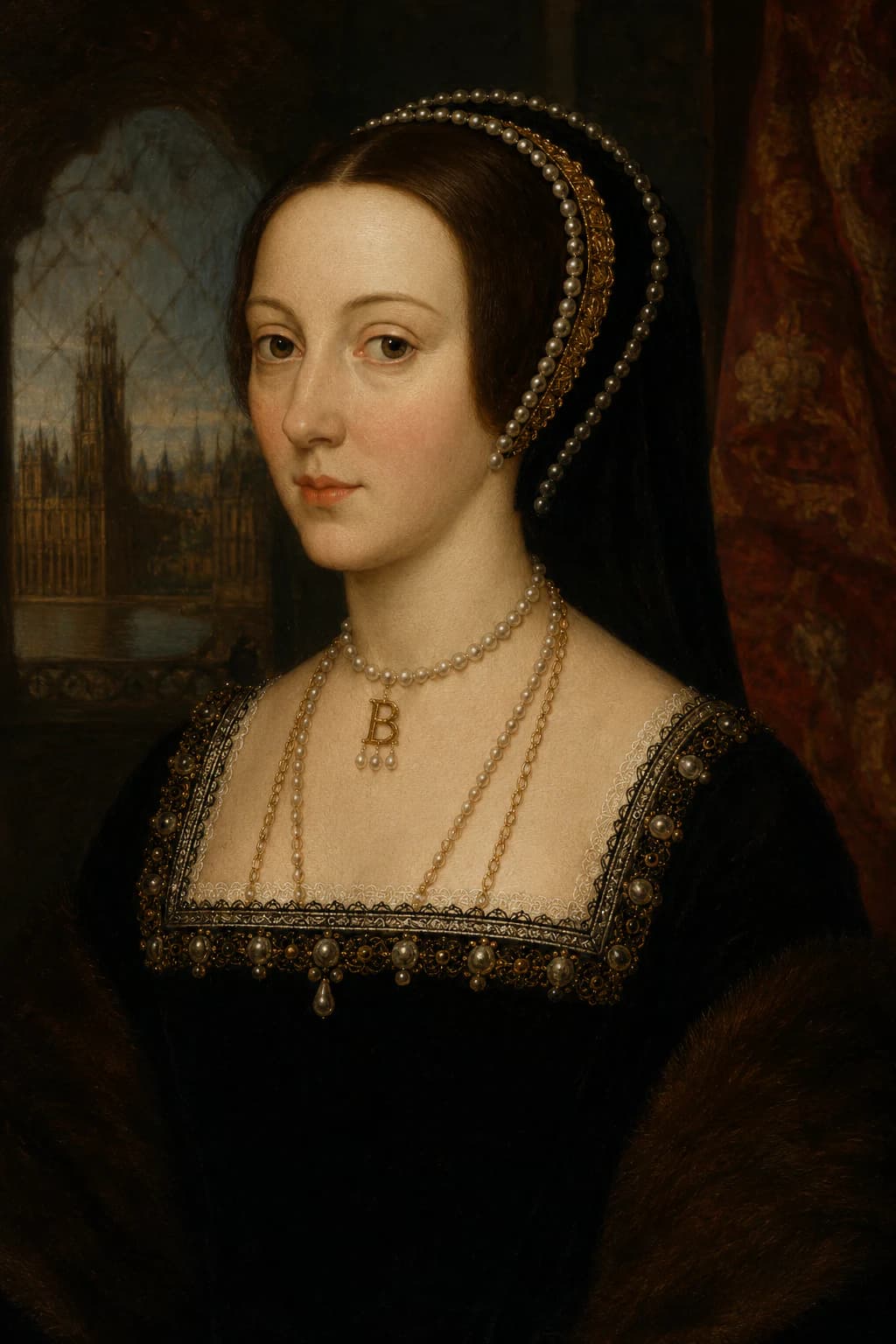 AI-generated portrait of Anne Boleyn in Tudor court dress