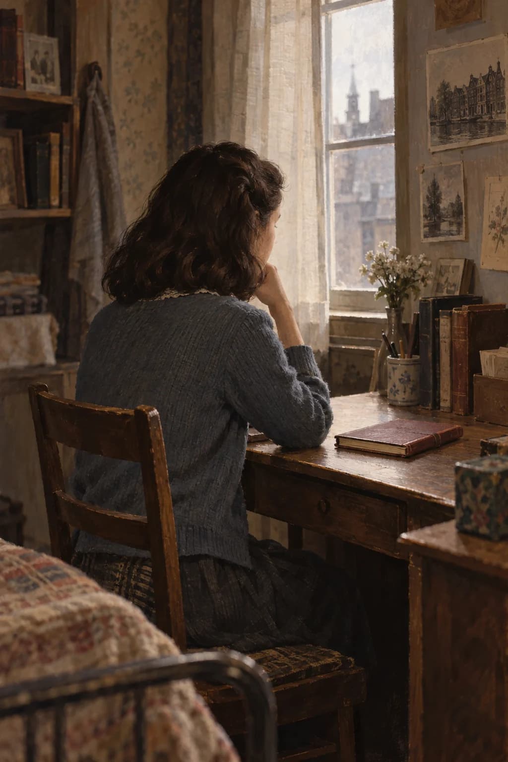 AI-assisted non-likeness reconstruction of a teenage girl writing in a 1940s Amsterdam annex