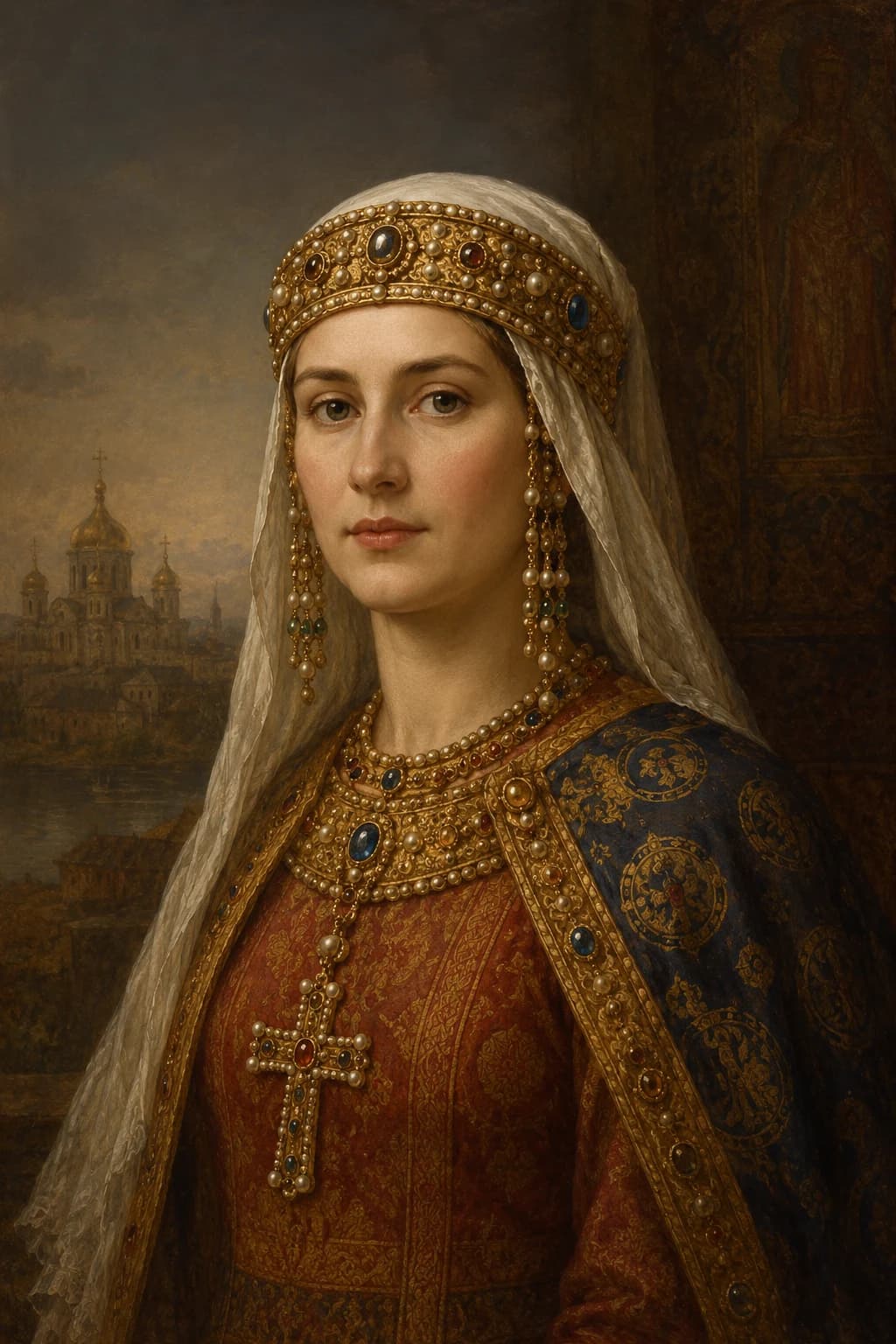 AI-generated portrait of Anne of Kiev in jeweled medieval dress with churches of Kiev in the background