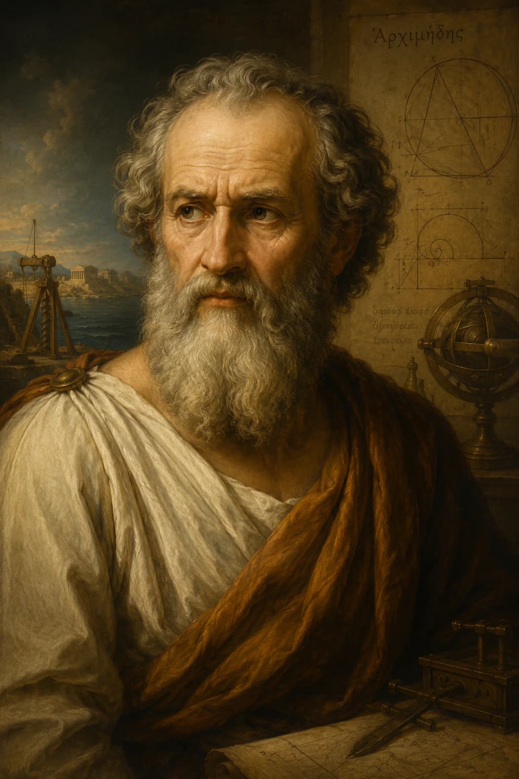 AI-generated portrait of Archimedes with mathematical and engineering instruments