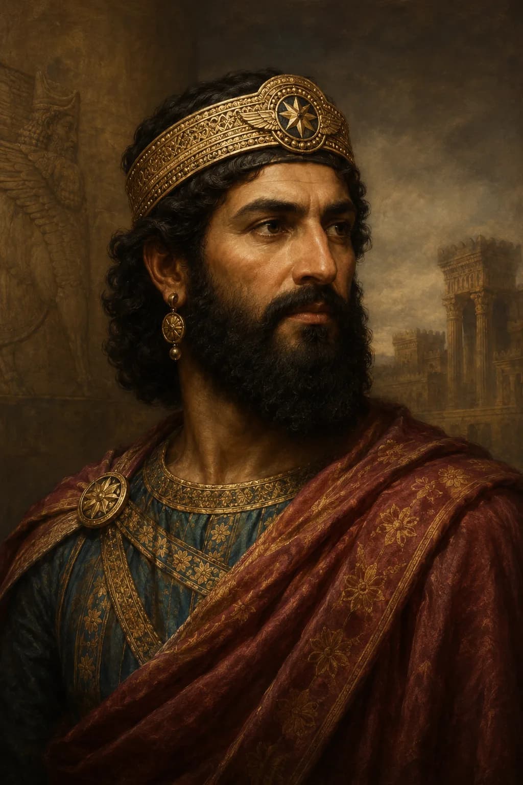AI-generated portrait of Artaxerxes II in Achaemenid royal dress