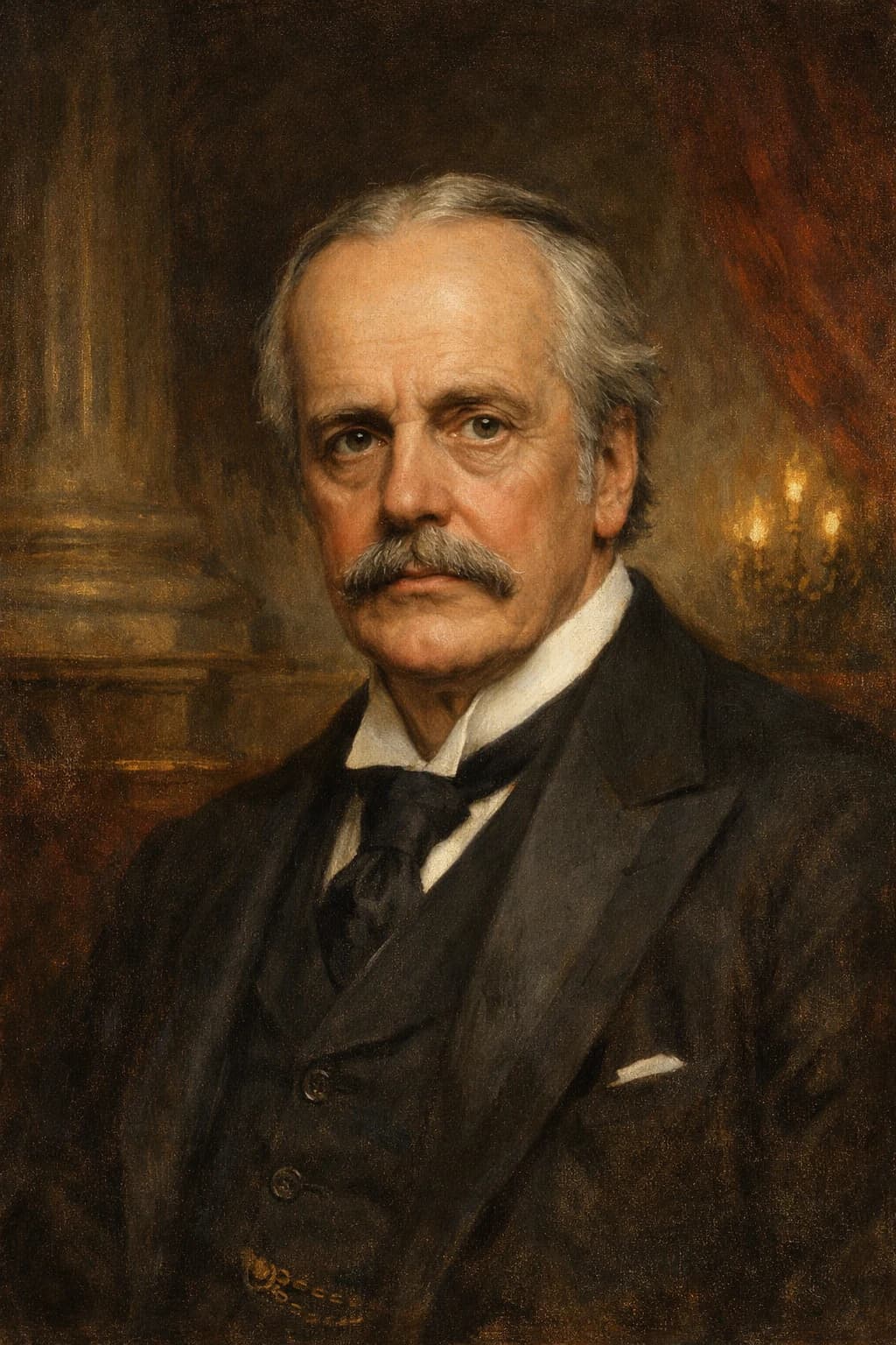AI-generated portrait of Arthur Balfour in formal Edwardian attire