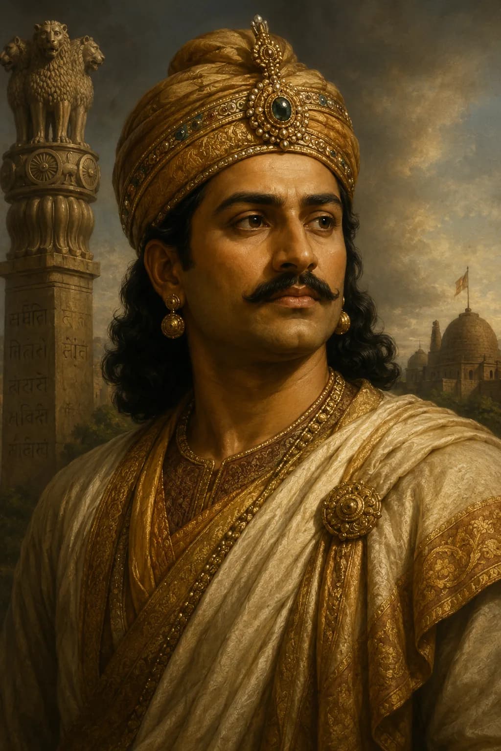 Portrait of Emperor Ashoka in ancient Indian royal attire