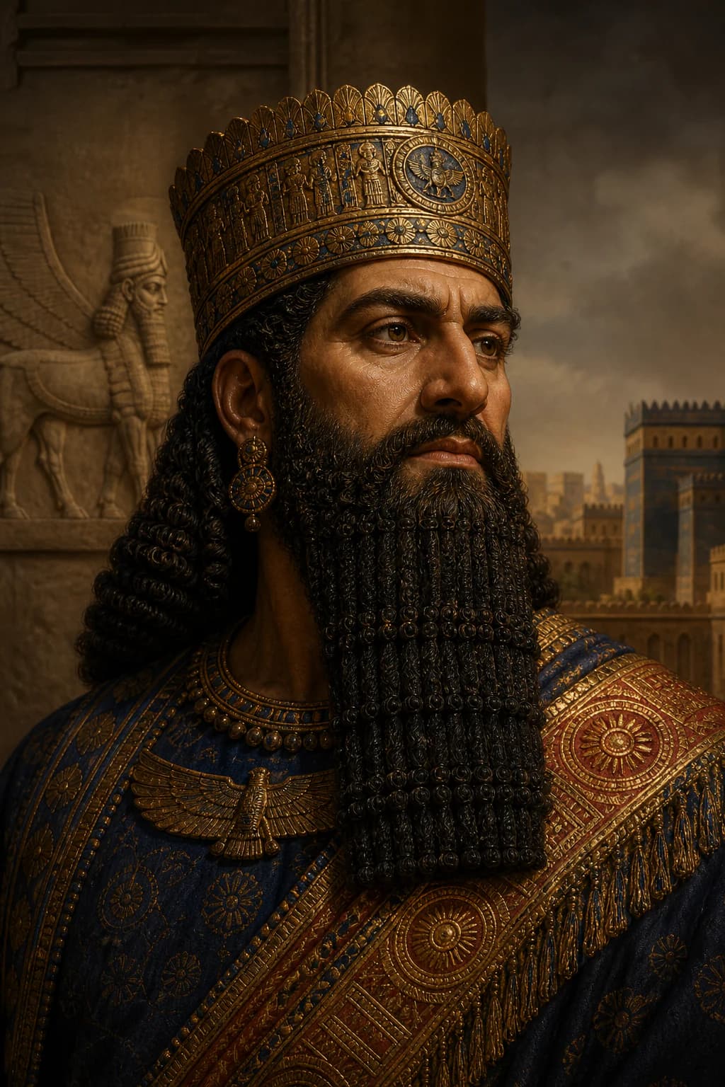 AI-generated portrait of Ashurbanipal in an ornate Assyrian crown before Nineveh