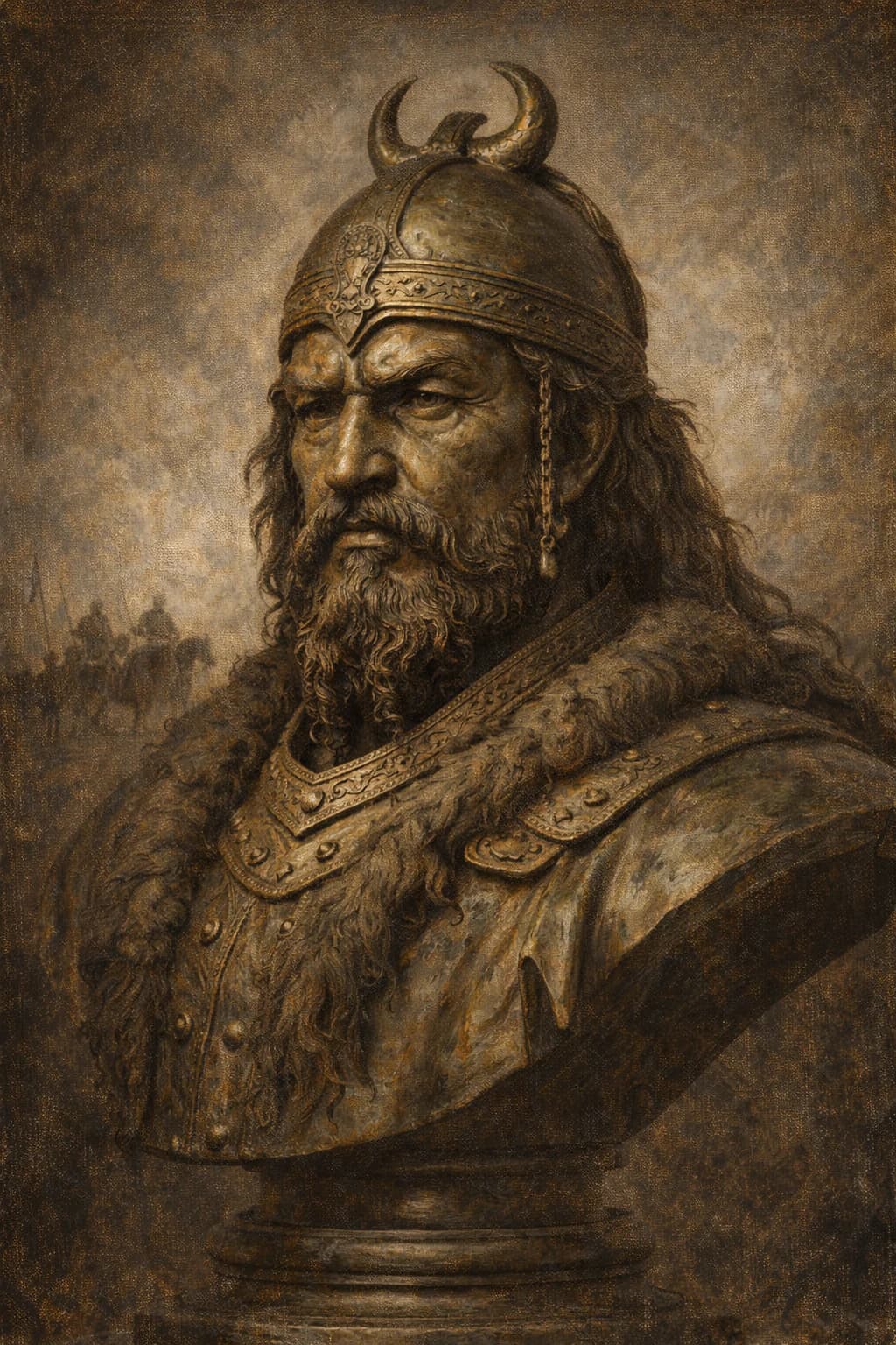 AI-generated portrait of Attila the Hun in warrior attire