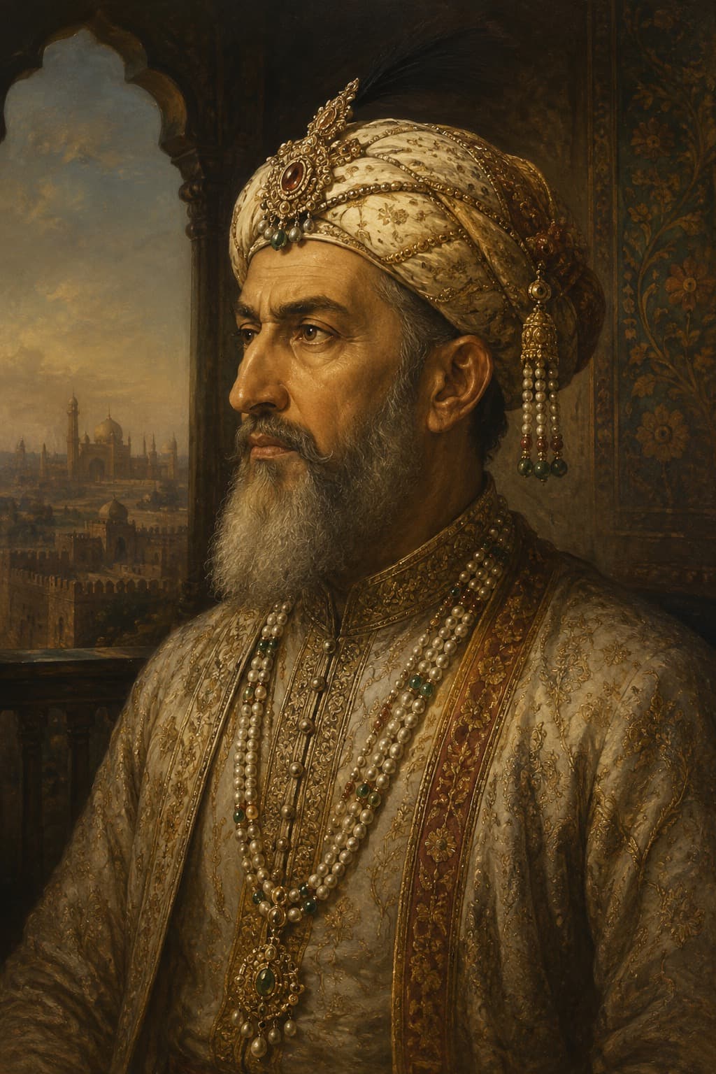 AI-generated portrait of Aurangzeb in Mughal imperial dress