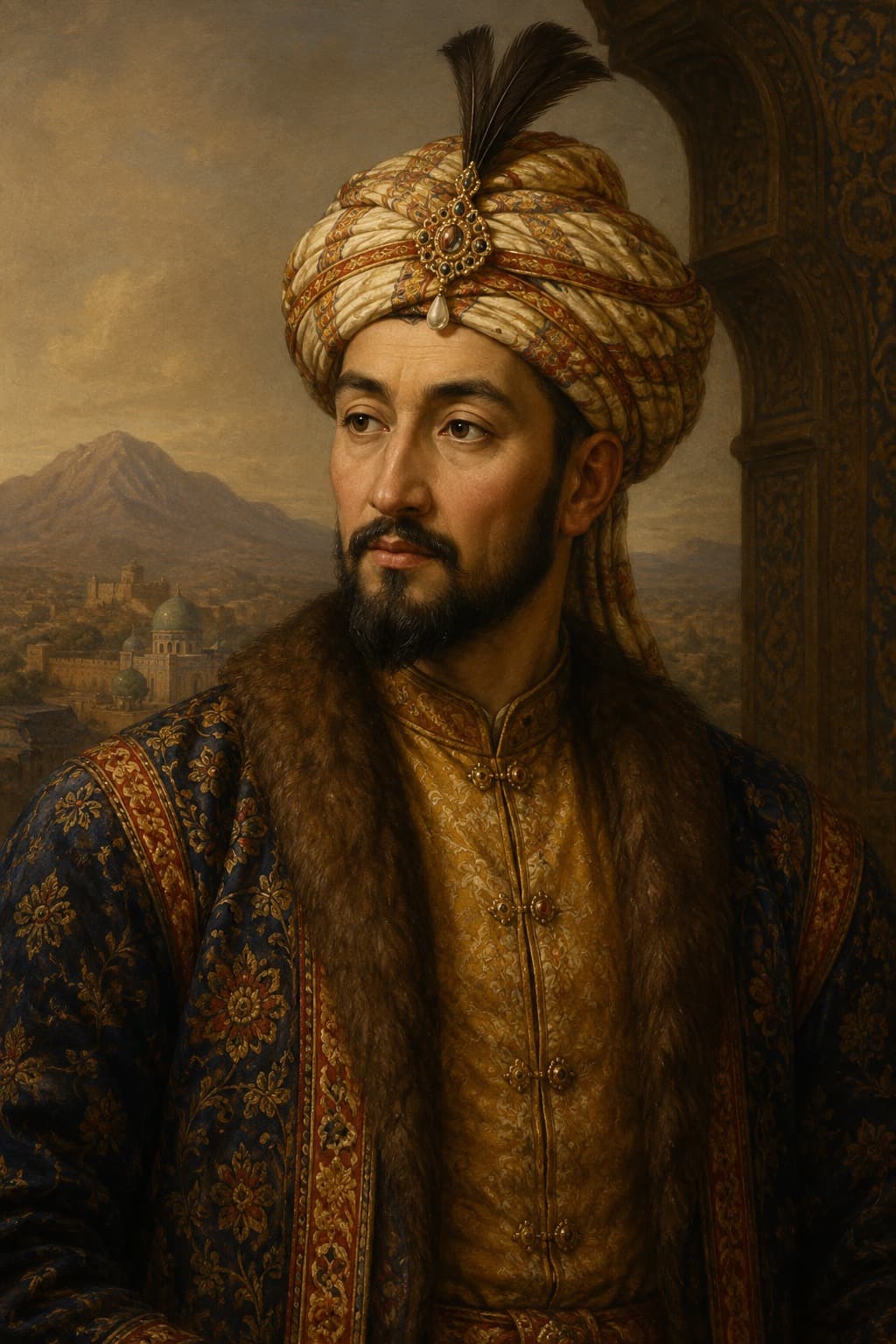 AI-generated portrait of Babur in Mughal imperial dress