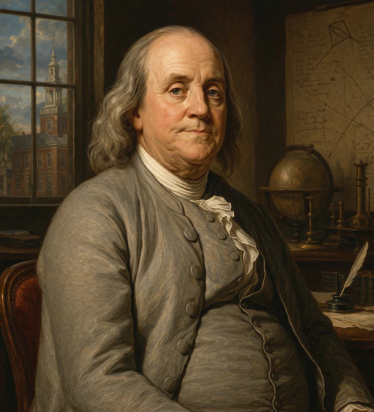 AI-generated portrait of Benjamin Franklin in formal colonial attire