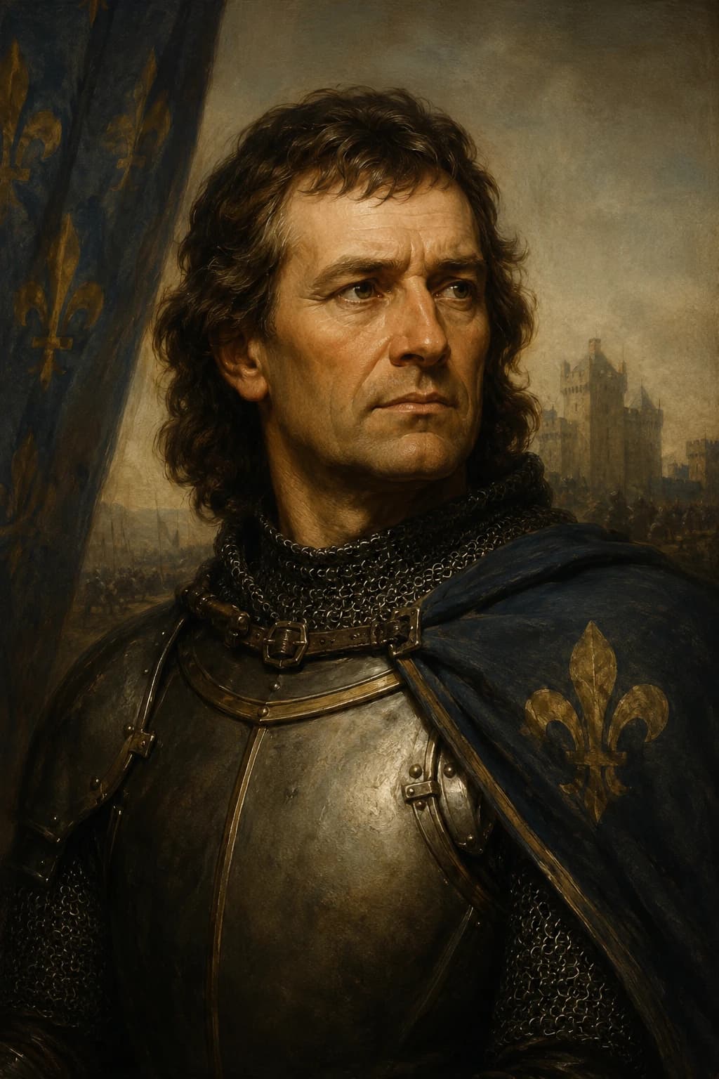 AI-generated portrait of Bertrand du Guesclin in armour and a blue cloak