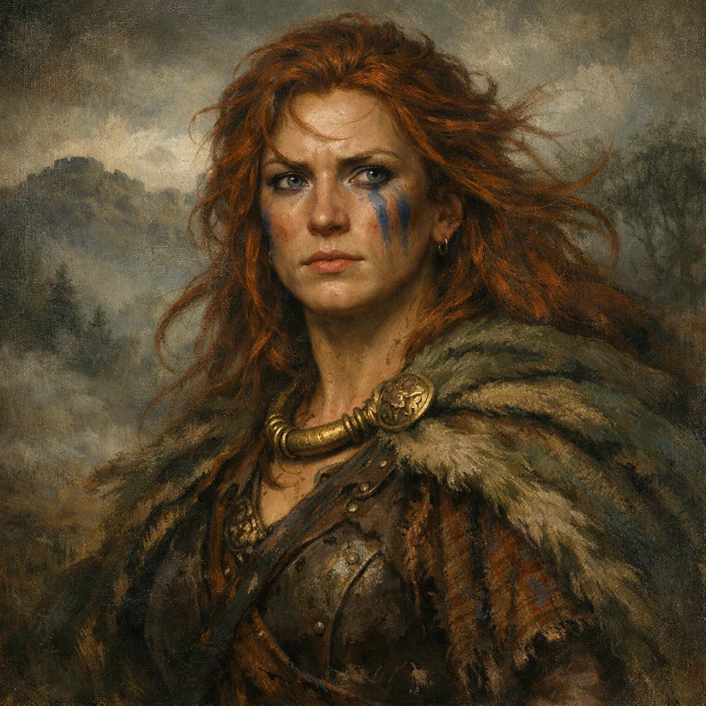 AI-generated portrait of Boudica in ancient British warrior attire