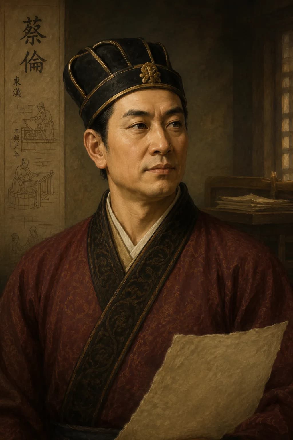 AI-generated portrait of Cai Lun holding paper beside papermaking drawings