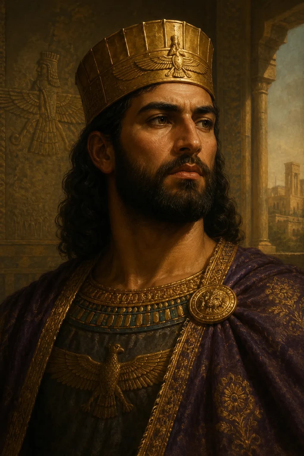 AI-generated portrait of Cambyses II in Achaemenid royal dress