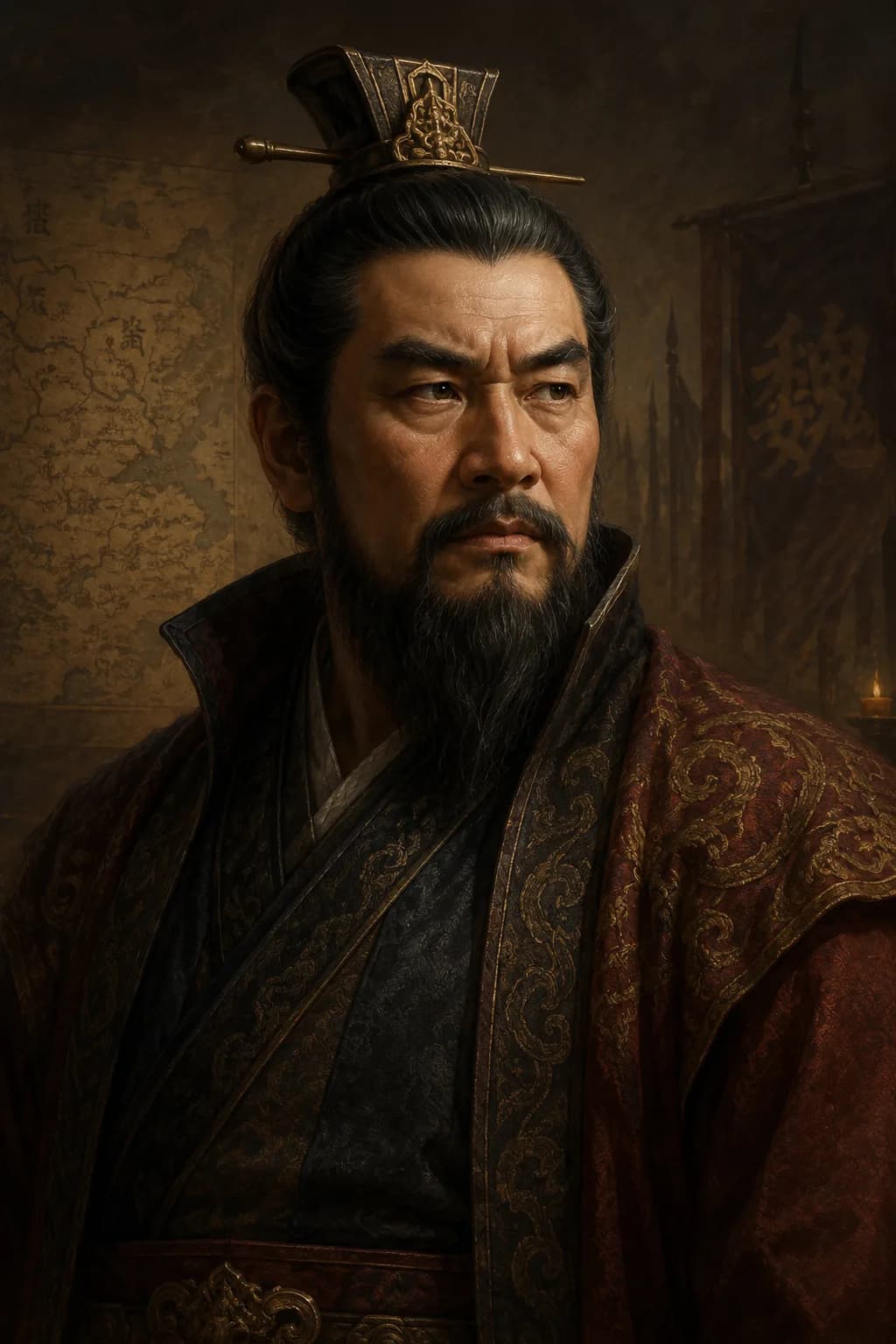 AI-generated portrait of Cao Cao in formal robes with Wei military banners behind him