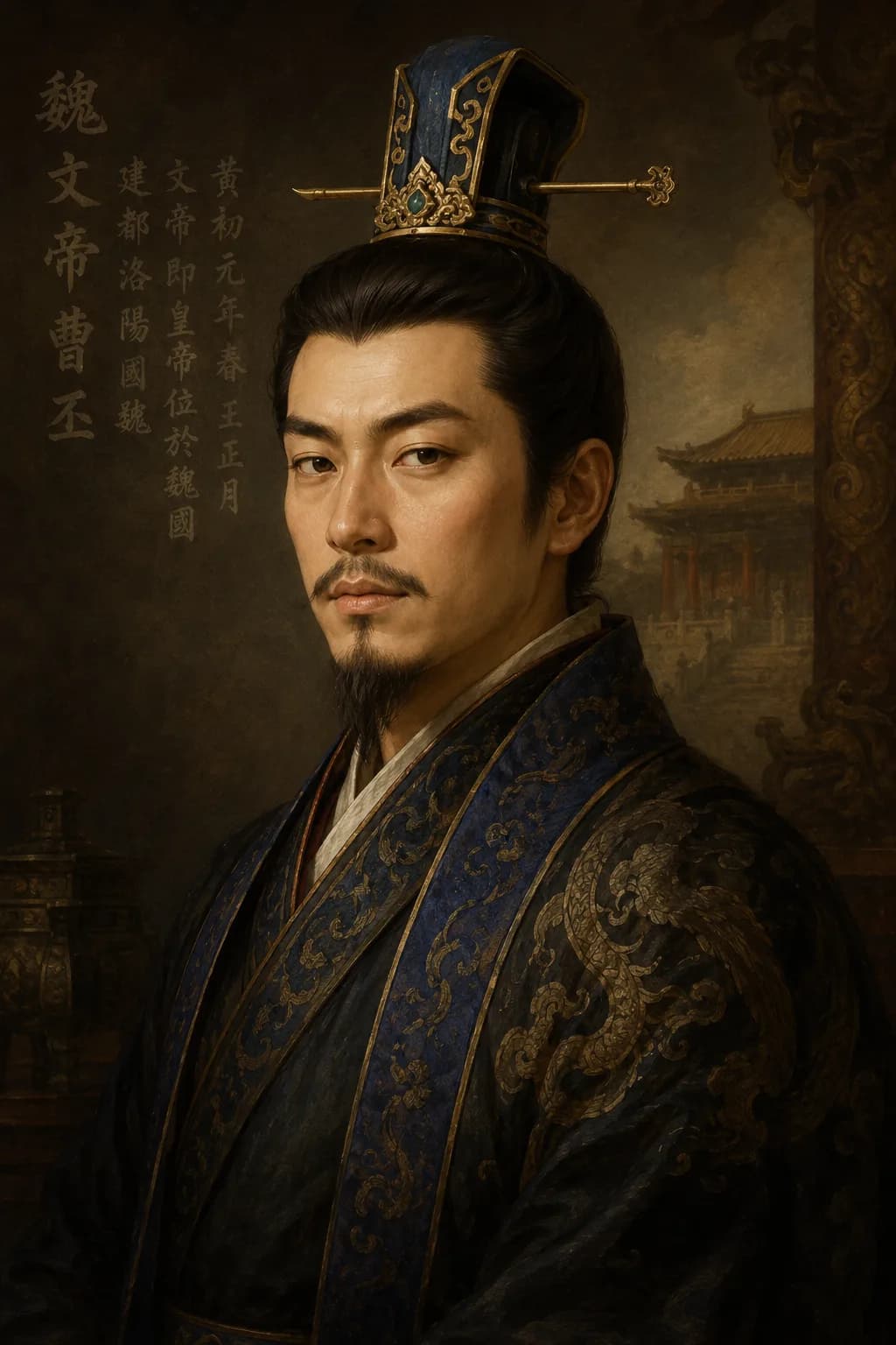 AI-generated portrait of Cao Pi in imperial Wei robes with palace architecture behind him