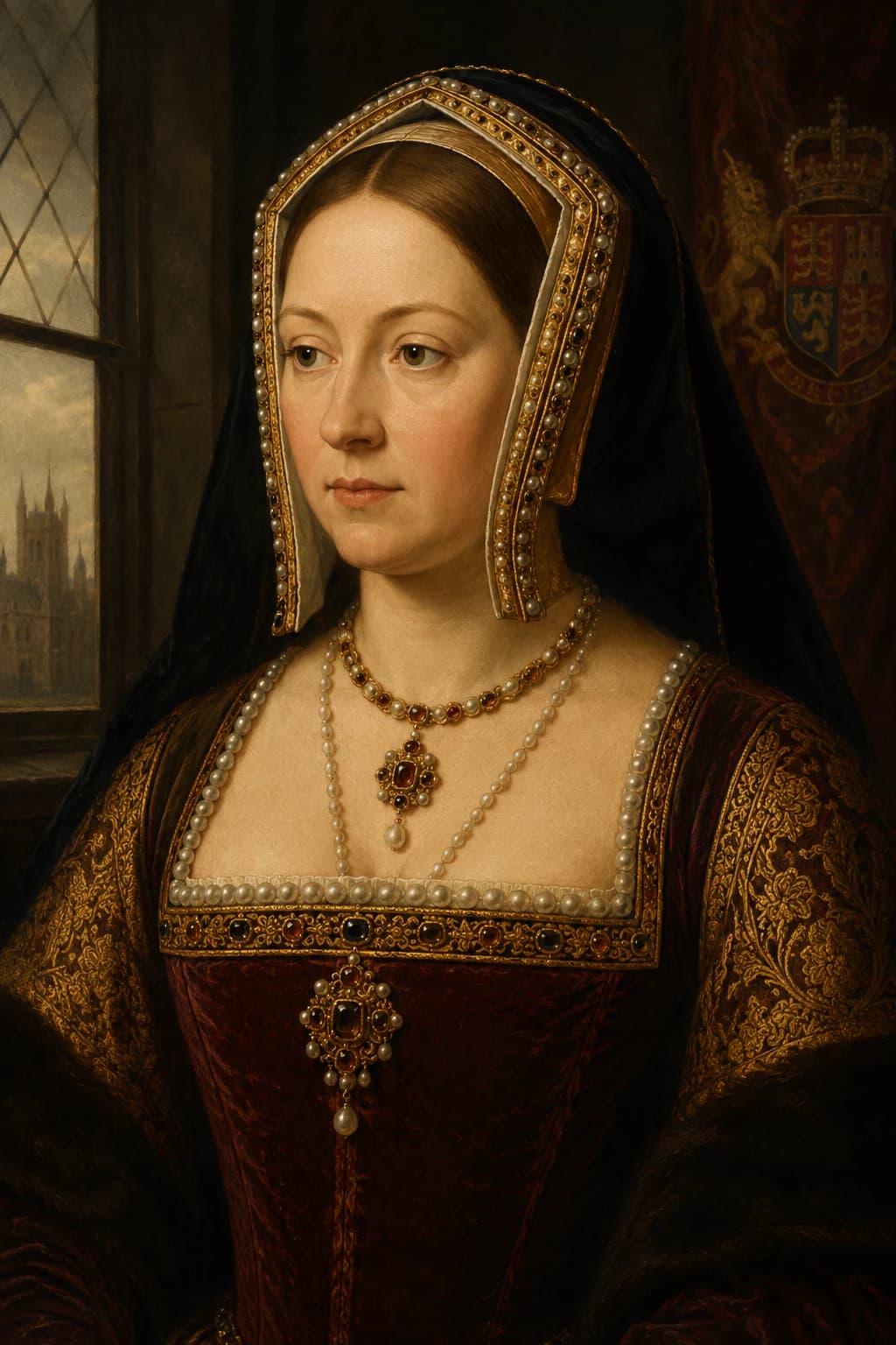 AI-generated portrait of Catherine of Aragon in Tudor court dress