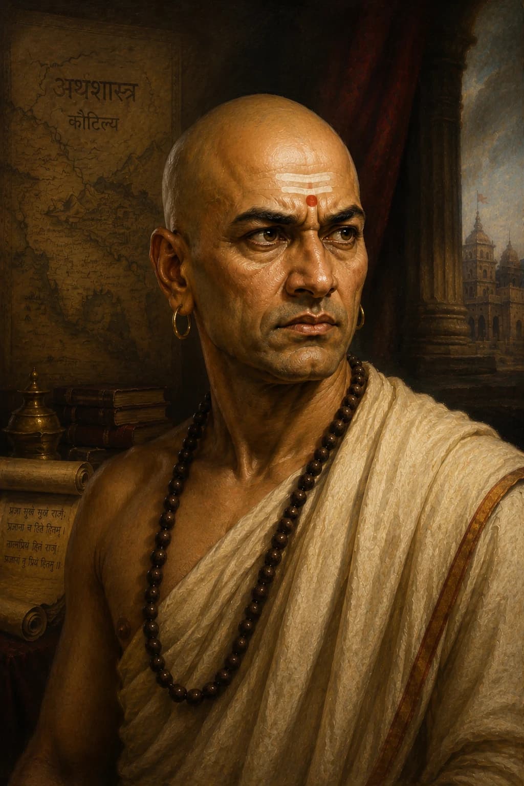 Portrait of Chanakya in ancient Indian scholarly robes