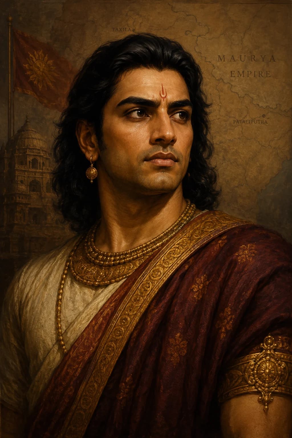 Portrait of Chandragupta Maurya in ancient Indian royal attire