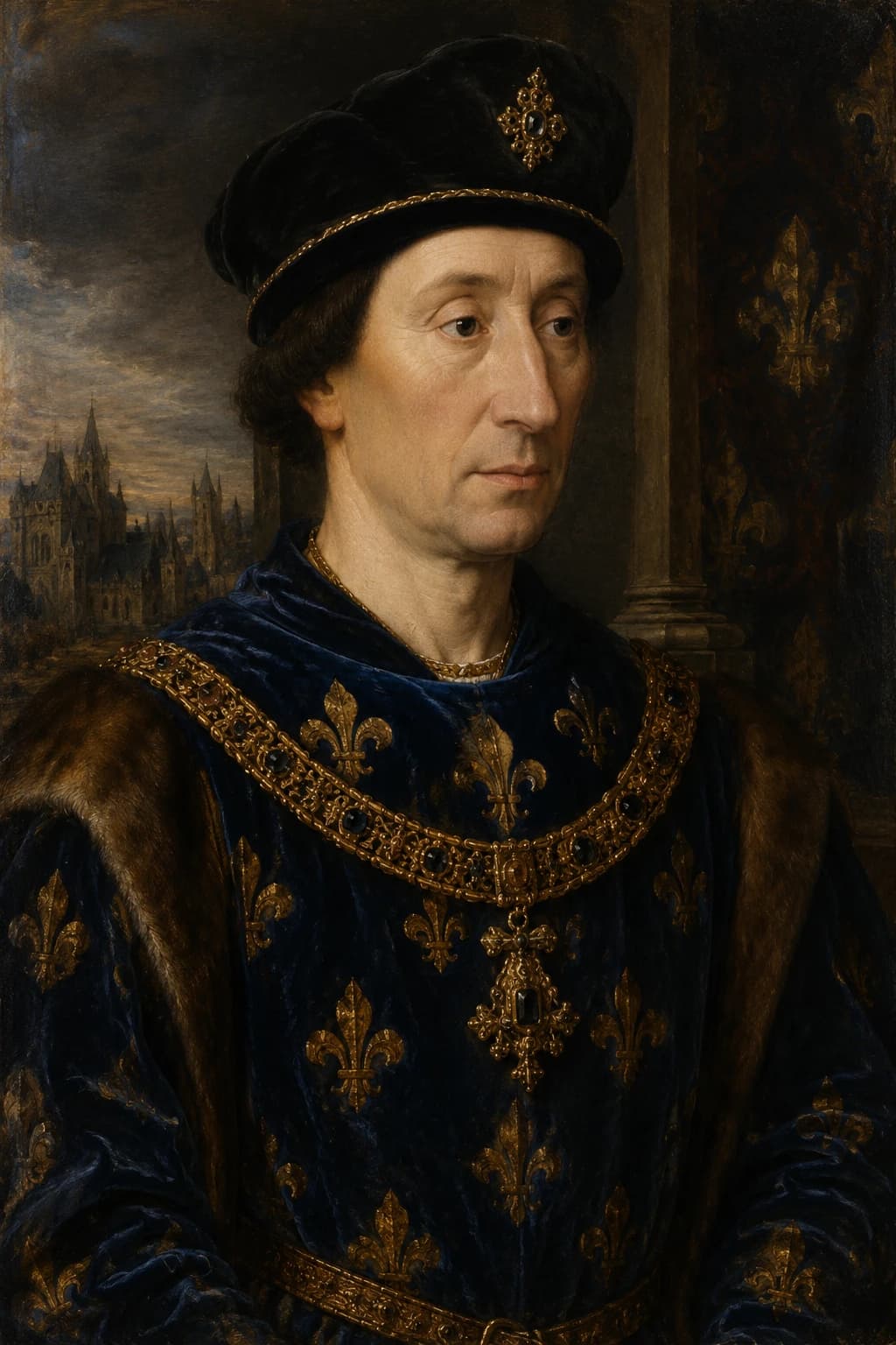 AI-generated portrait of Charles VII of France in a blue fleur-de-lis robe