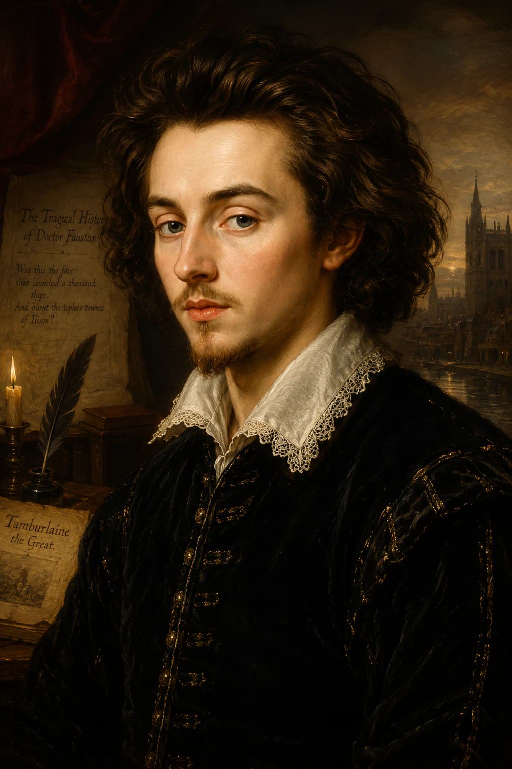 Portrait of Christopher Marlowe in Elizabethan dress