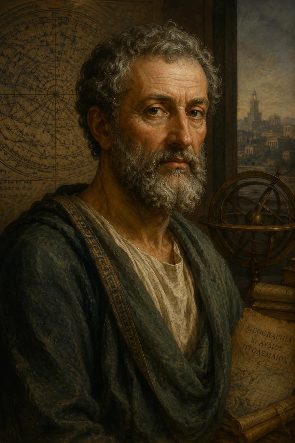 AI-generated portrait of Claudius Ptolemy with an astronomical chart and armillary sphere