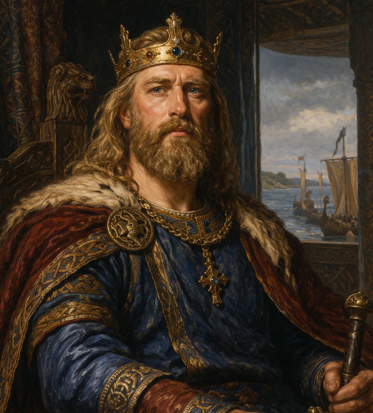 AI-generated portrait of Cnut the Great in Viking royal attire