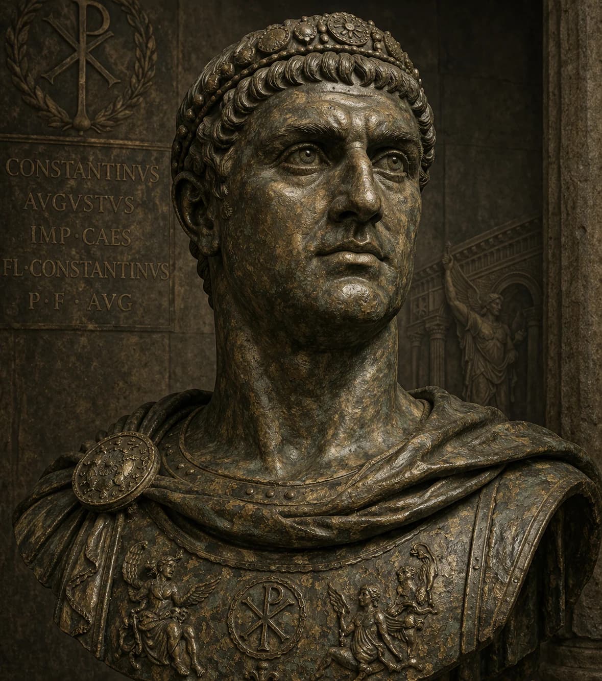 AI-generated portrait of Constantine the Great in Roman imperial armour