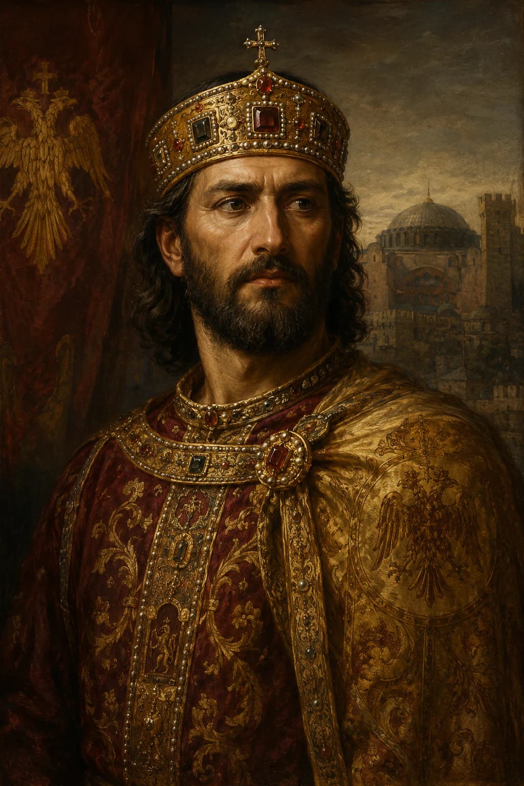AI-generated portrait of Constantine XI Palaiologos in Byzantine imperial dress