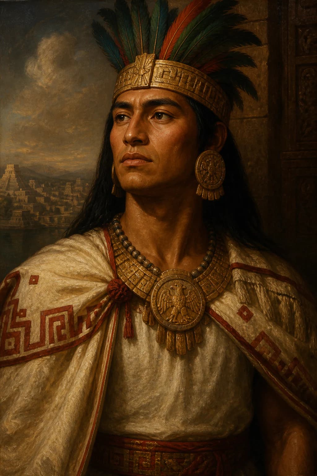 AI-generated portrait of Cuauhtemoc in white ceremonial dress and feathered crown