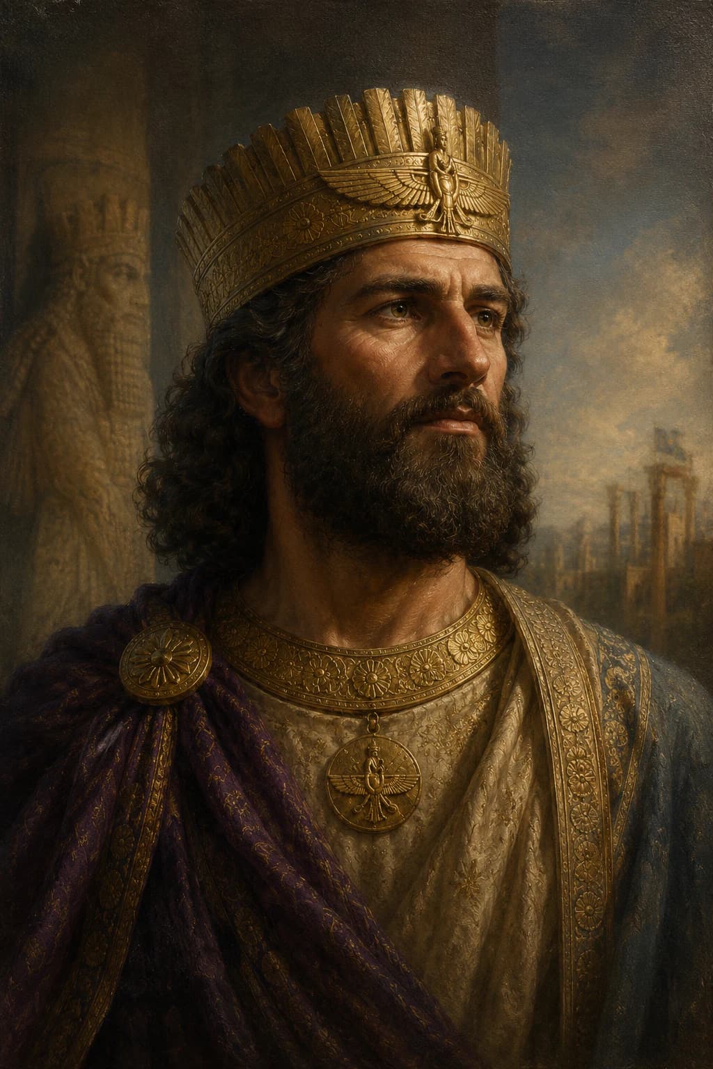 AI-generated portrait of Cyrus the Great wearing a Persian crown before imperial monuments