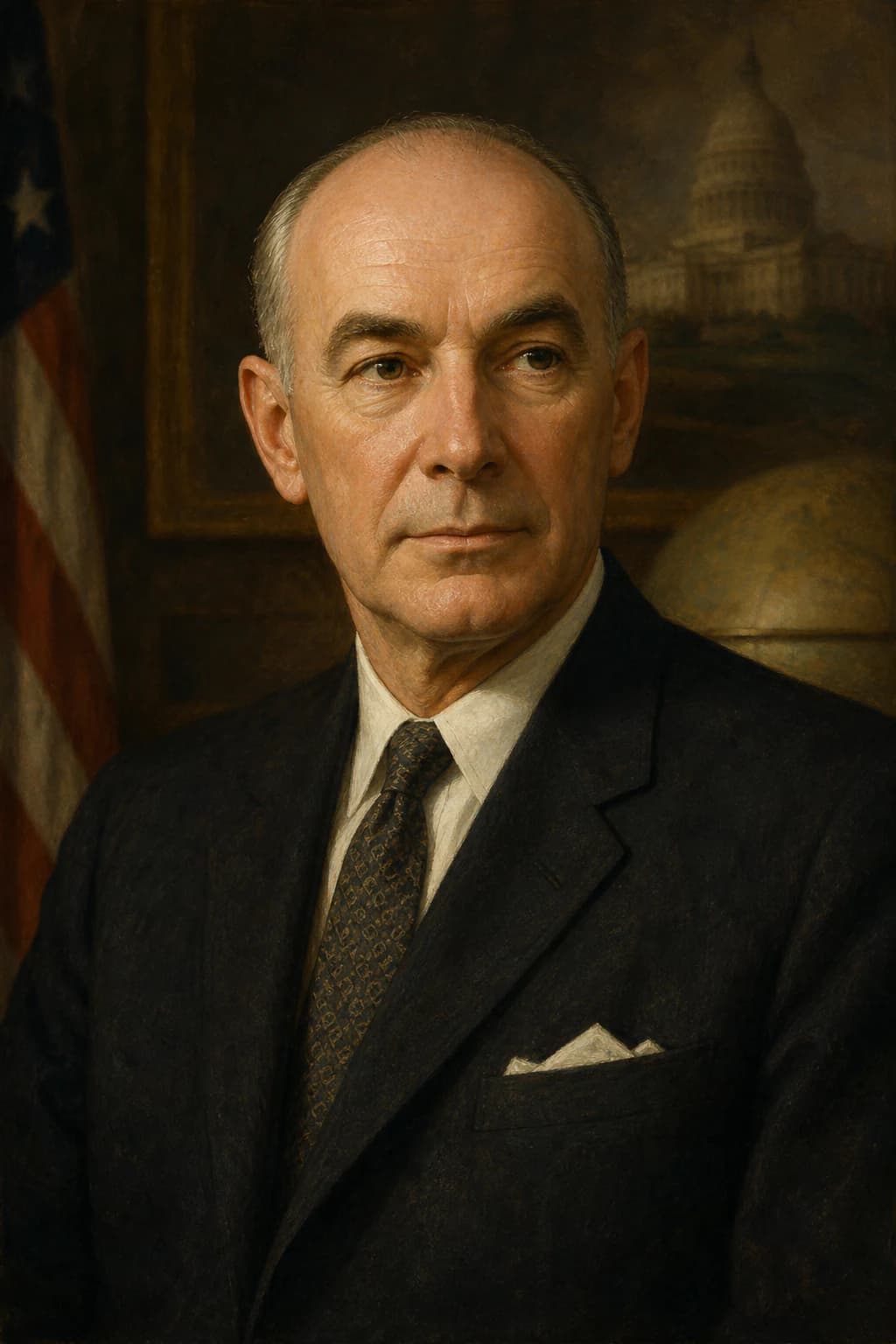 Portrait of Dean Rusk in formal suit with Washington backdrop