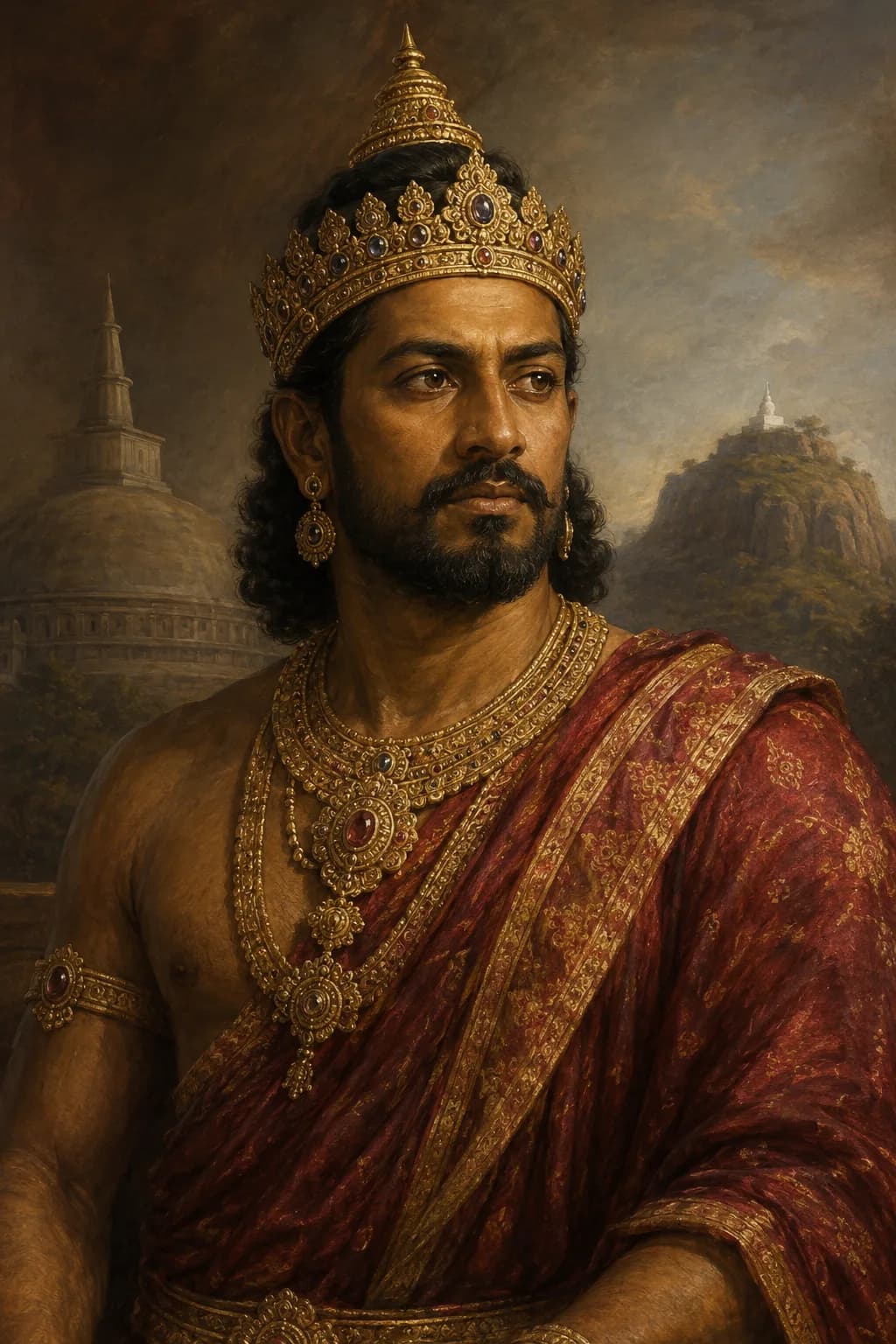 AI-generated portrait of King Devanampiya Tissa in Sri Lankan royal attire with ancient Buddhist monuments behind him