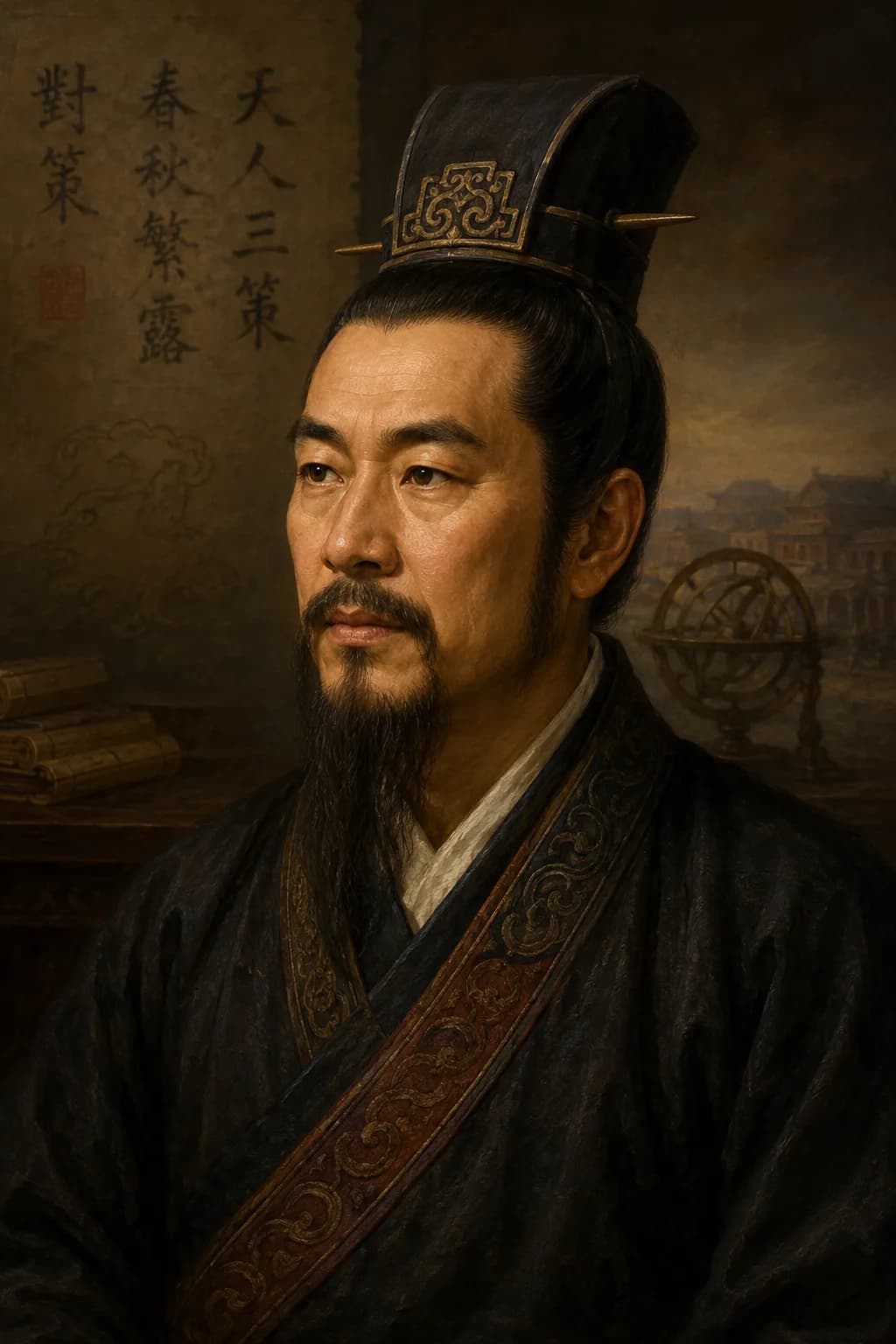 AI-generated portrait of Dong Zhongshu in scholar robes with classical texts behind him