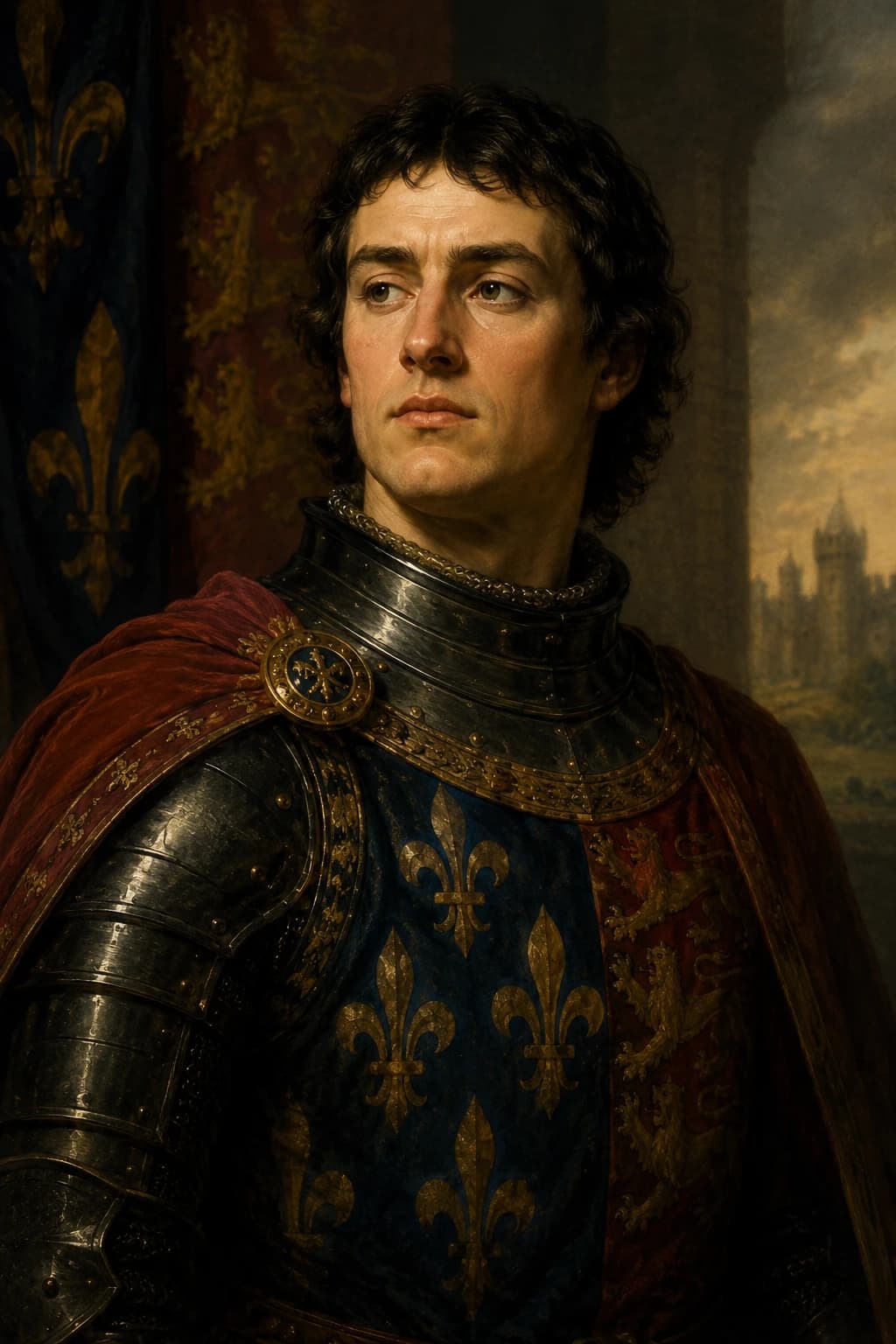 AI-generated portrait of Edward the Black Prince in armour and heraldic surcoat