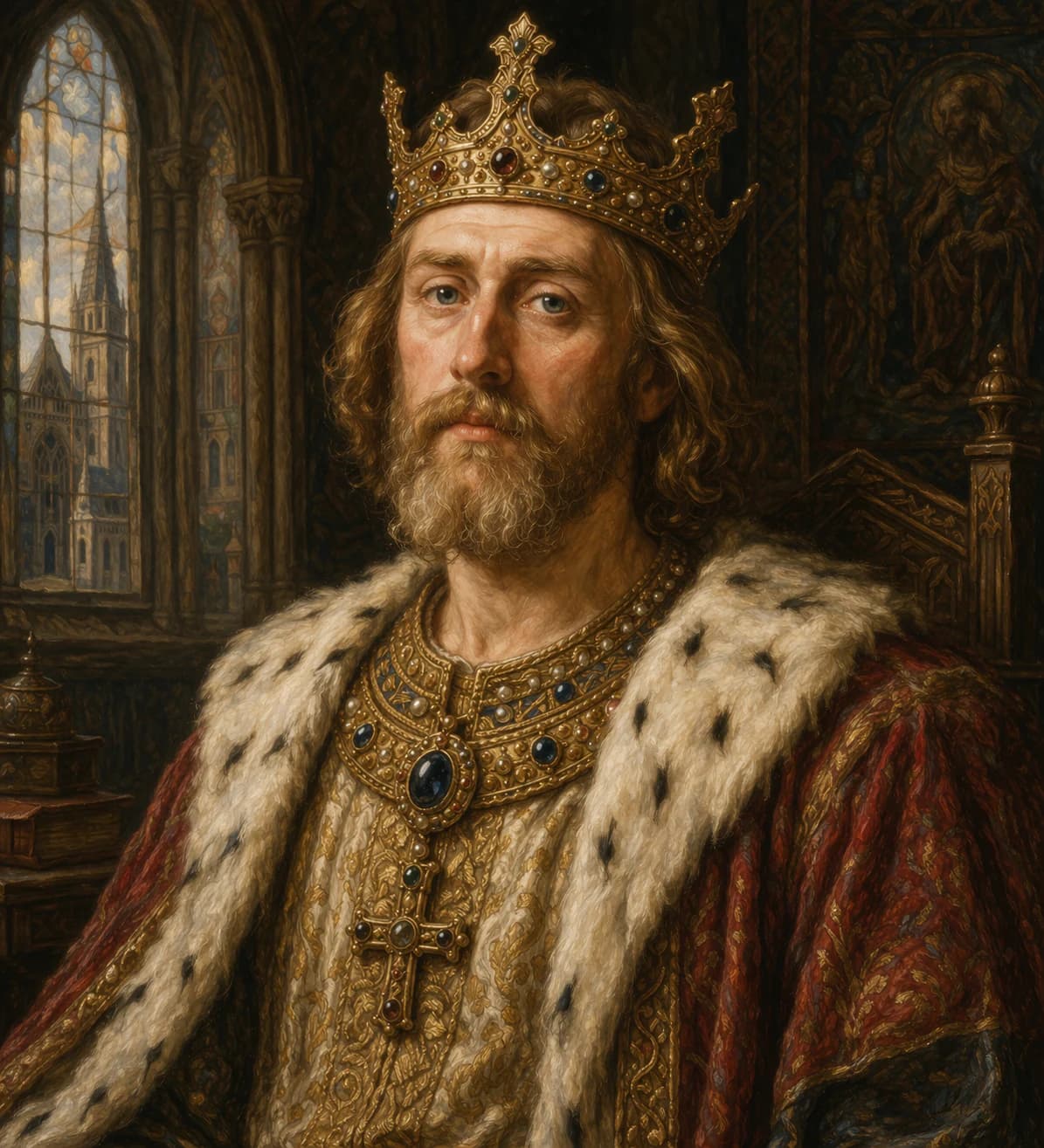 AI-generated portrait of Edward the Confessor in Anglo-Saxon royal attire