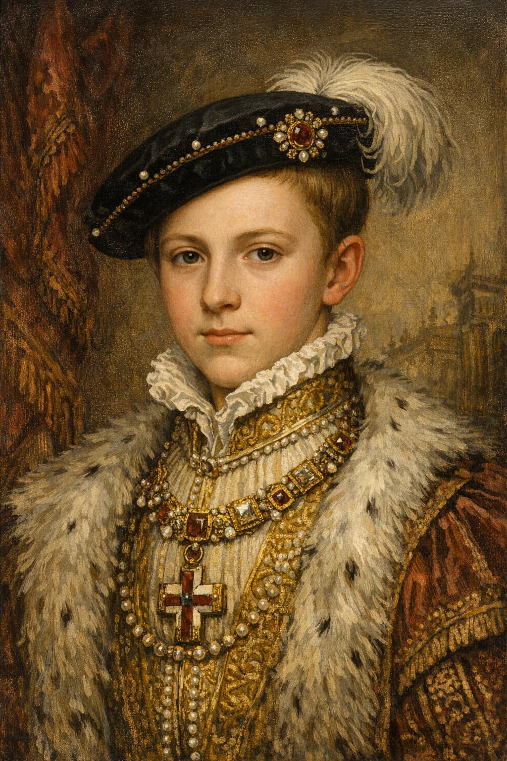 AI-generated portrait of Edward VI in Tudor royal attire