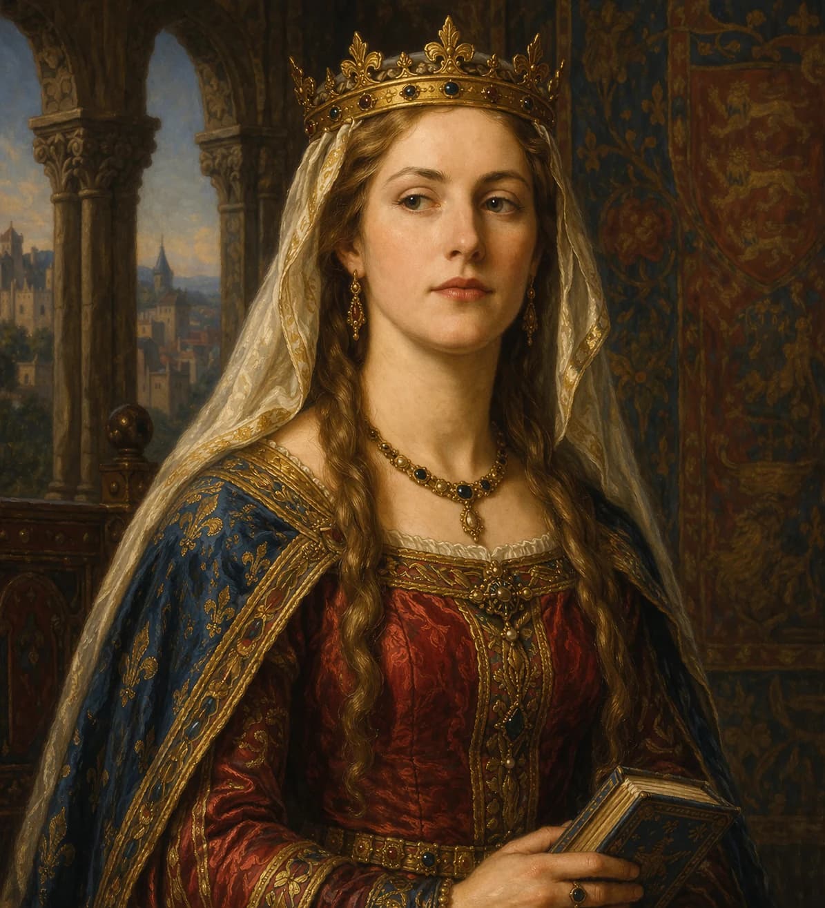 AI-generated portrait of Eleanor of Aquitaine in medieval royal attire